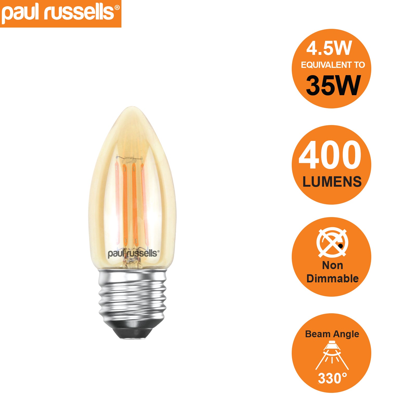LED Filament Candle 4.5W=35W Extra Warm White Amber 2200K ES E27 Edison Screw Bulbs