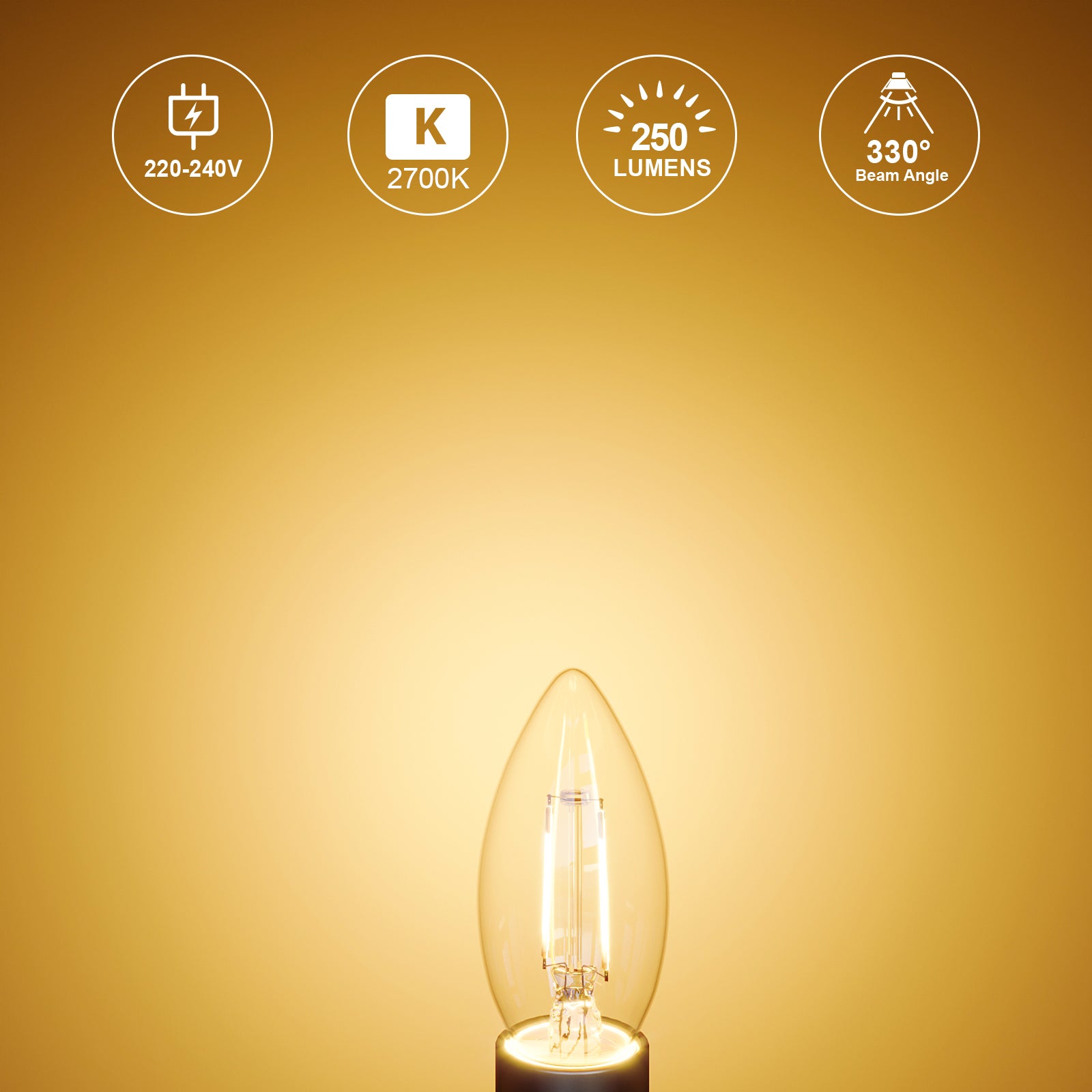 LED Filament Candle 2.5W=25W Warm White ES E27 Edison Screw Cap Bulbs