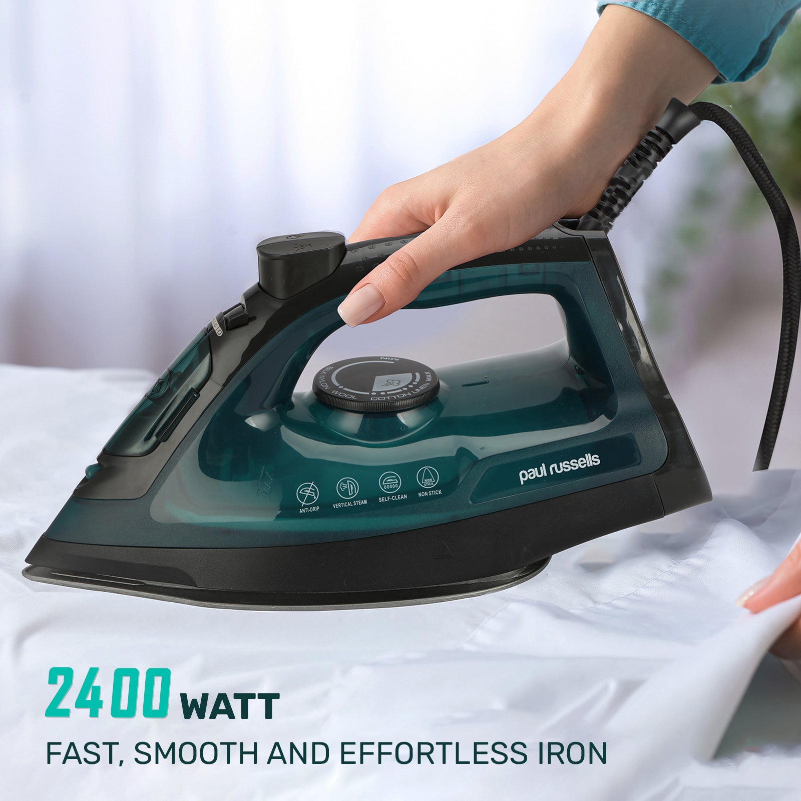 Paul Russells 2400W Steam Iron - Continuous 30g/min Steam, 240V Variable Output, Anti-Drip/Anti-Calc Filter, Vertical Jet Steam Boost, 250ml Water Tank, Power Indicator Light