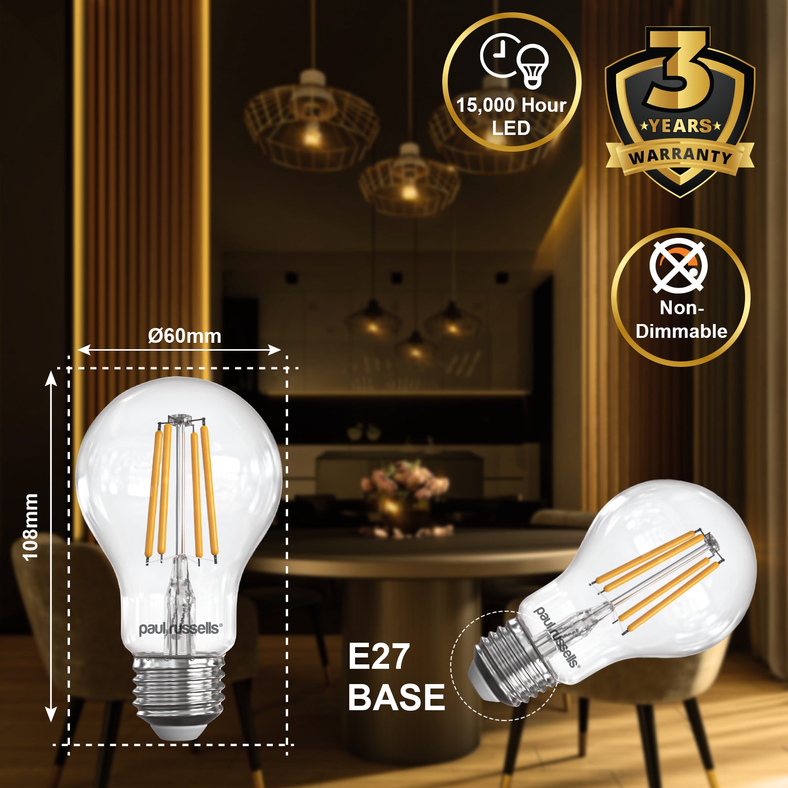 LED Filament GLS 4.5W=40W Warm White 2700K Edison Screw Cap Bulbs
