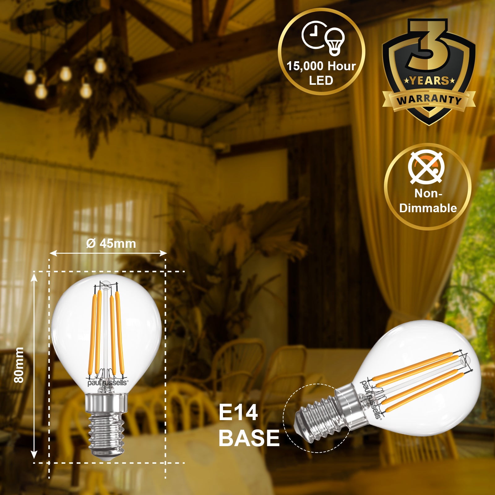 LED Filament GOLF 4.5W=40W Warm White SES E14 Small Edison Screw Cap Bulbs