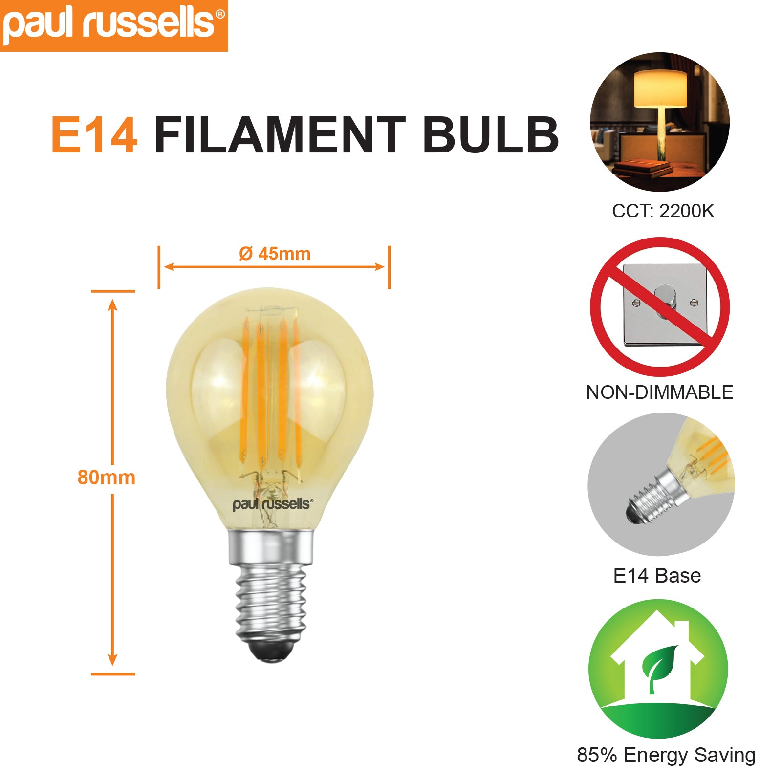 LED Filament Golf Ball 4.5W=35W Extra Warm White Amber 2200K SES E14 Small Edison Screw Bulbs