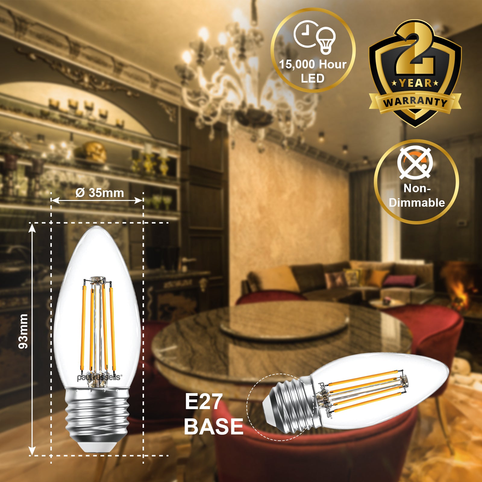LED Filament Candle 4.5W=40W Warm White ES E27 Edison Screw Cap Bulbs
