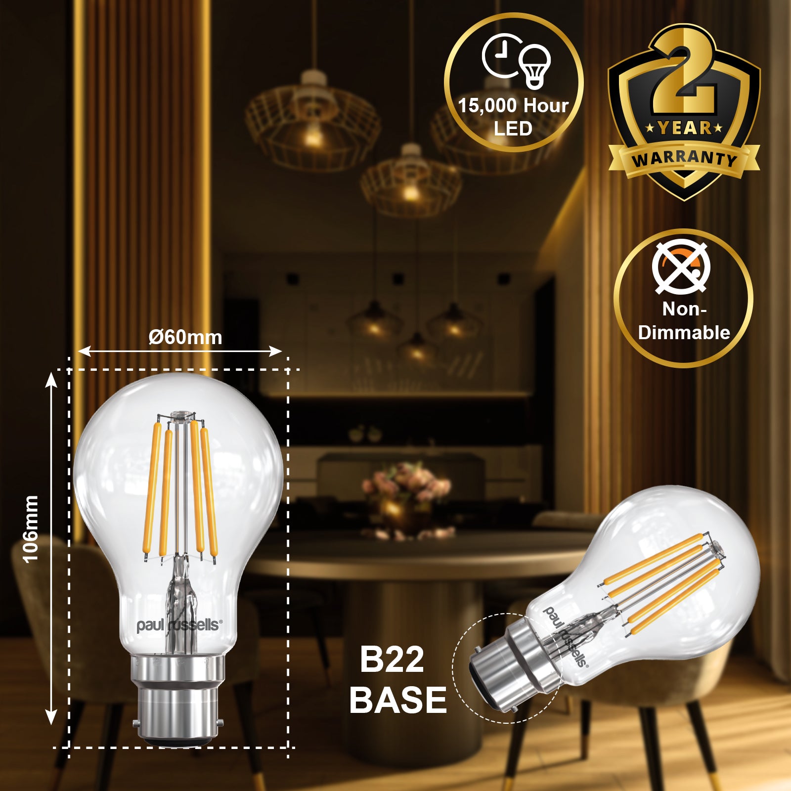 LED Filament GLS 7W=60W Warm White BC B22 Bayonet Cap Bulbs