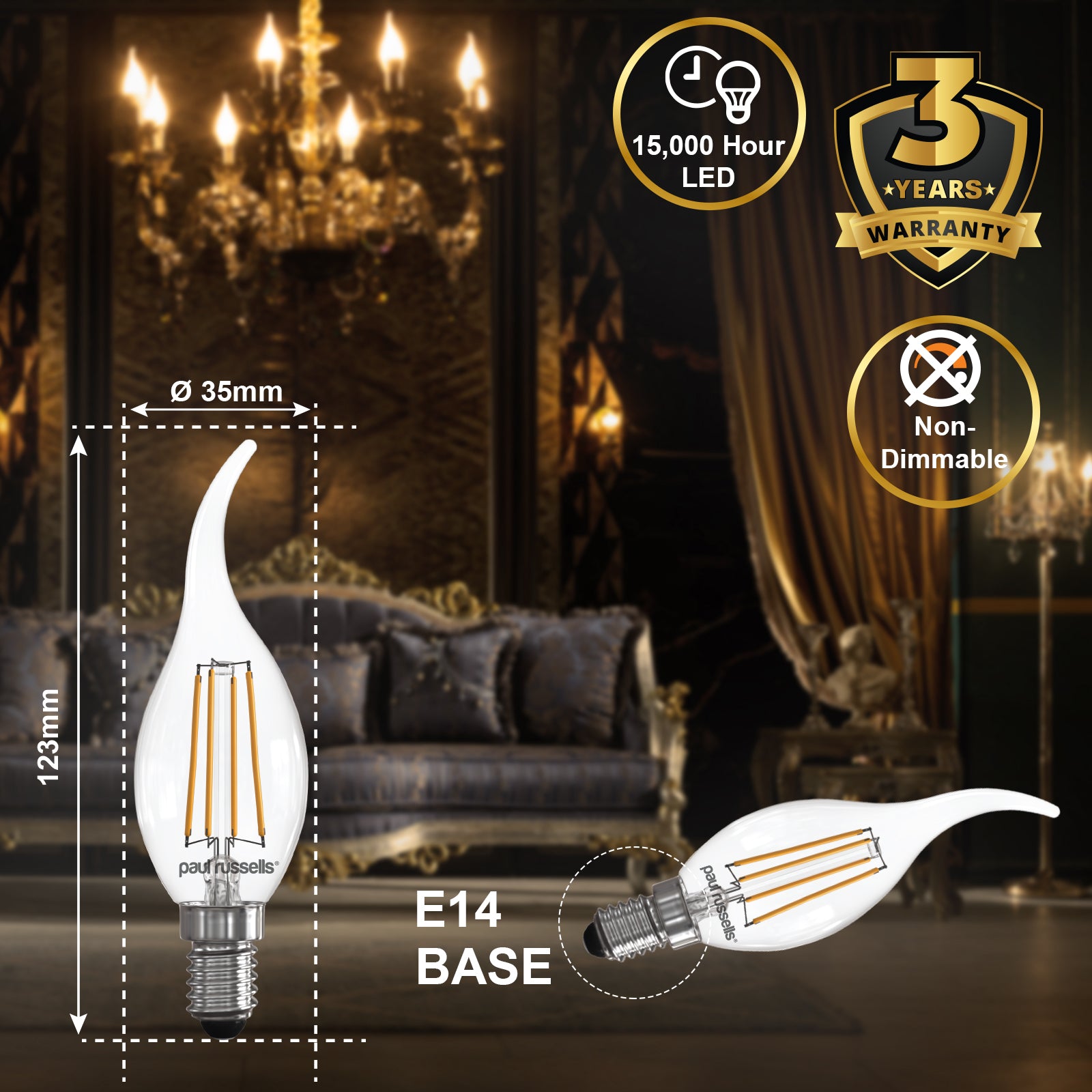 LED Filament Bent Tip Candle 4.5W=40W Warm White 2700K SES E14 Small Edison Screw Bulbs