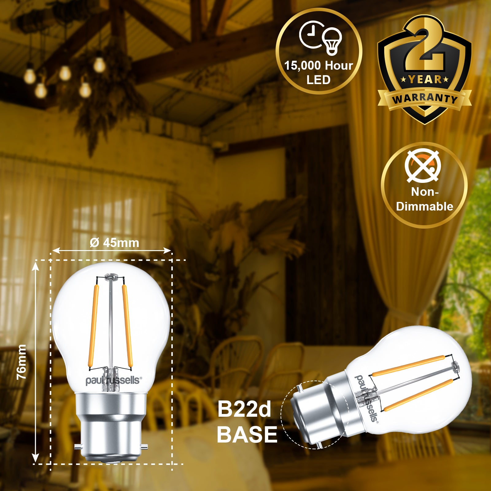 LED Filament GOLF 2.5W=25W Warm White BC B22 Bayonet Cap Bulbs