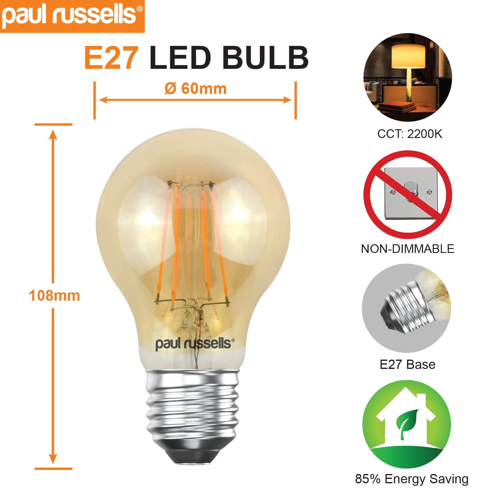 LED Filament GLS 7W=50W Extra Warm White Amber 2200K ES E27 Edison Screw Cap Bulbs