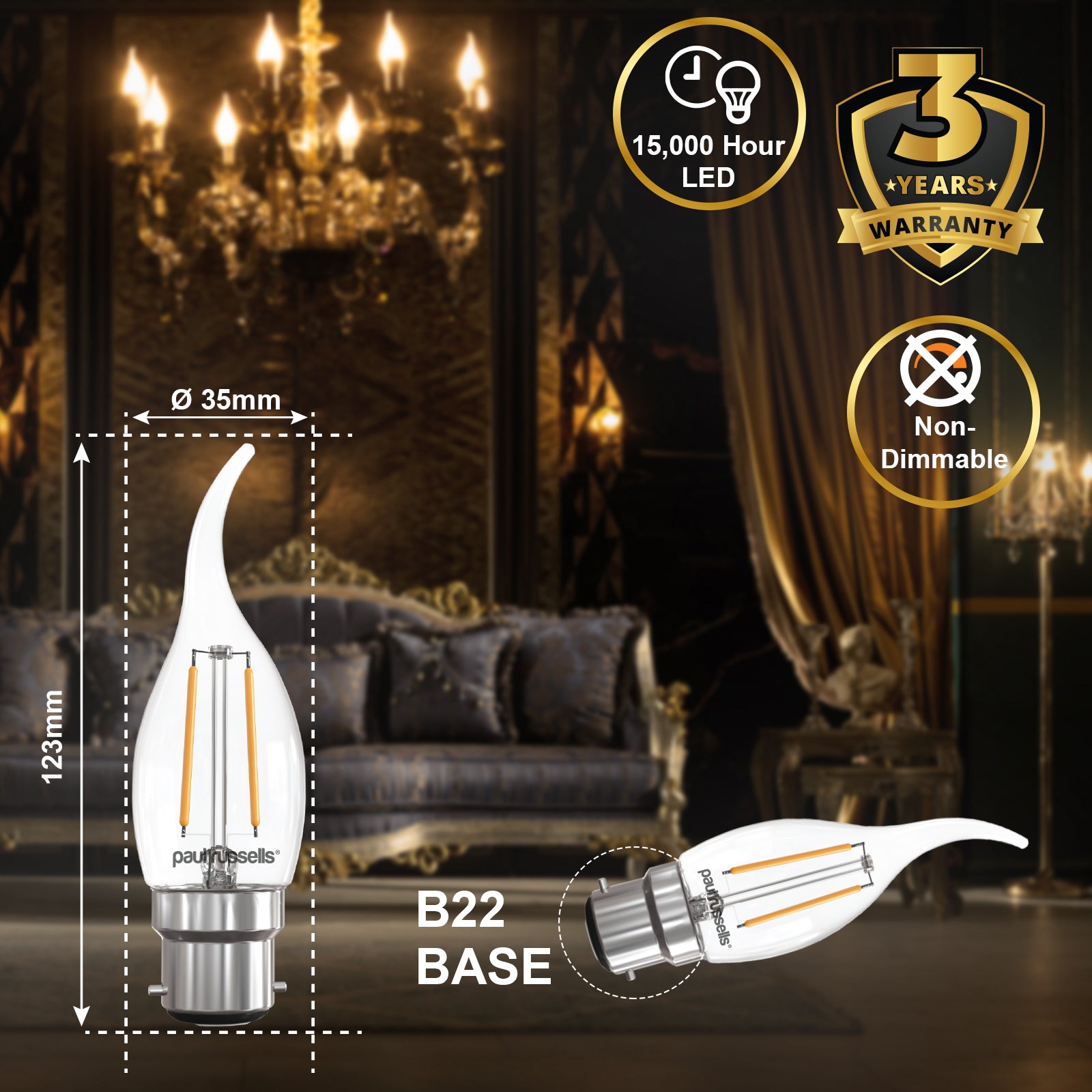 LED Filament Bent Tip Candle 2.5W=25W Warm White 2700K BC B22 Bayonet Cap Bulbs