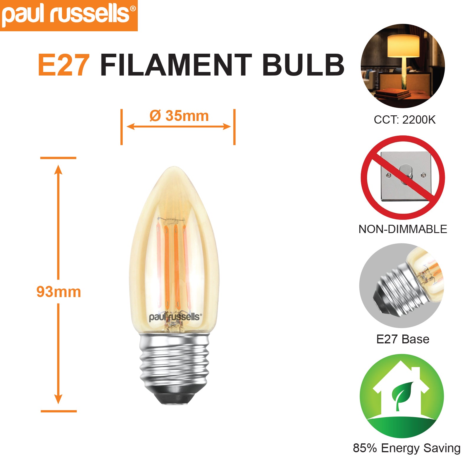 LED Filament Candle 4.5W=35W Extra Warm White Amber 2200K ES E27 Edison Screw Bulbs