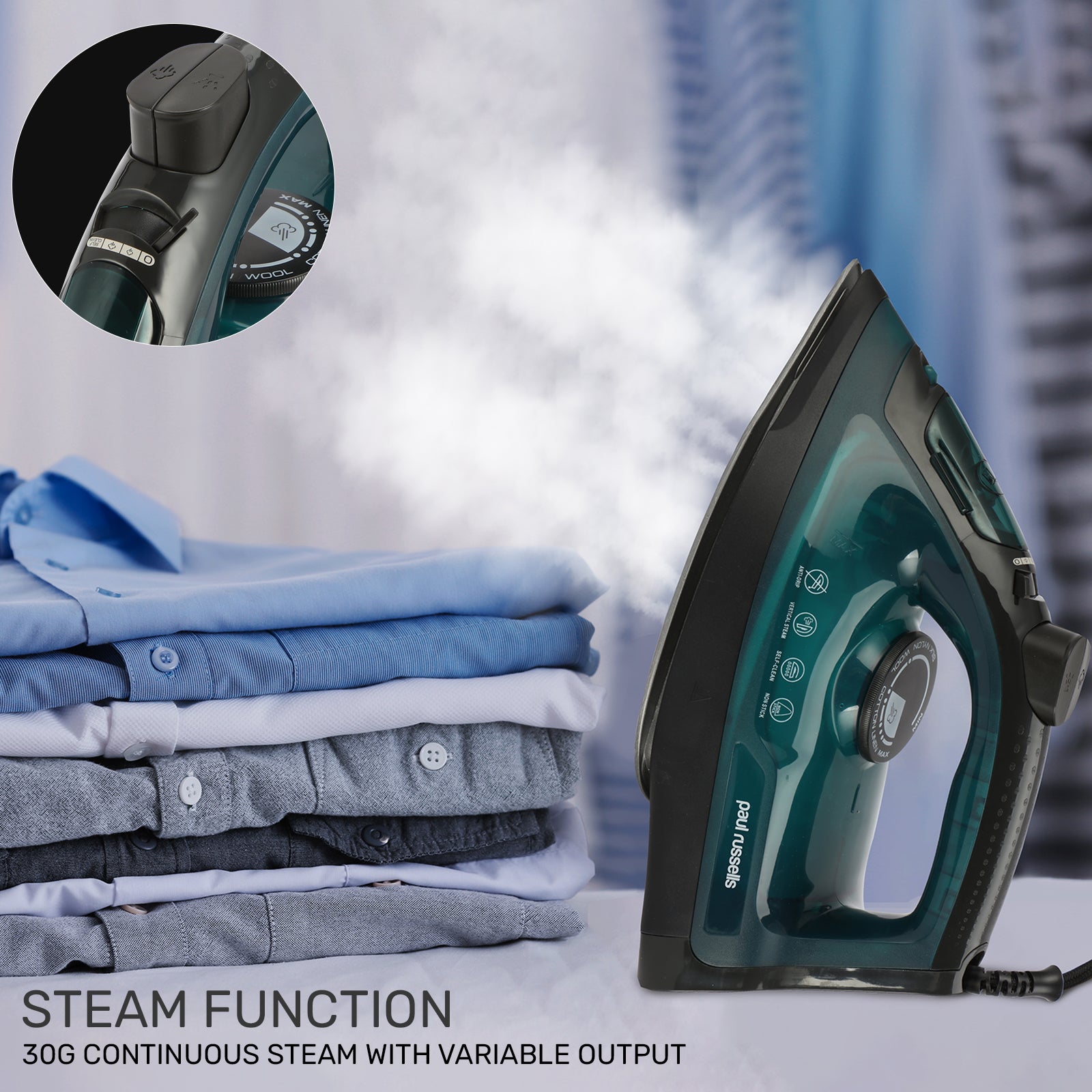 Paul Russells 2400W Steam Iron - Continuous 30g/min Steam, 240V Variable Output, Anti-Drip/Anti-Calc Filter, Vertical Jet Steam Boost, 250ml Water Tank, Power Indicator Light