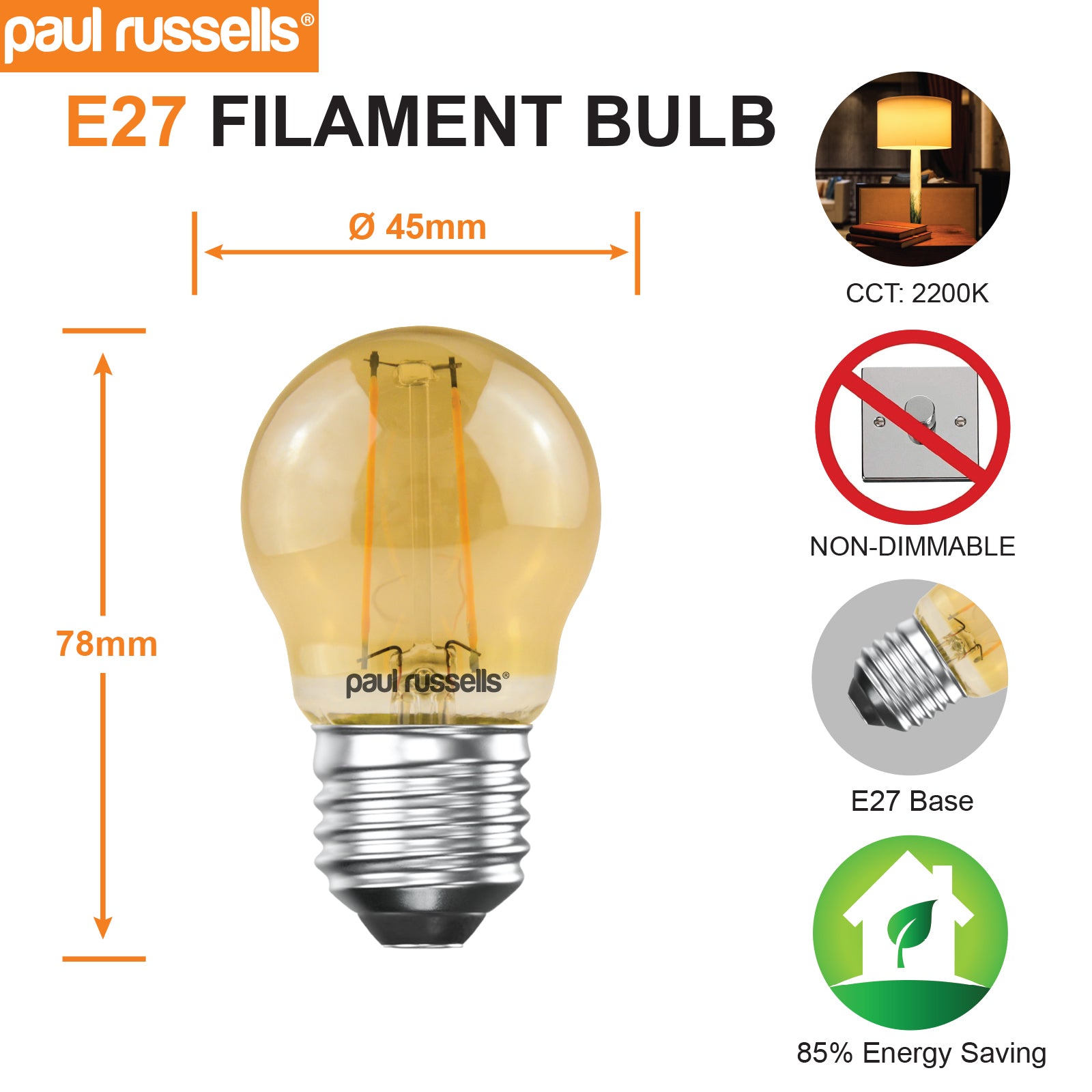 LED Filament Golf Ball 2.5W=20W Extra Warm White Amber 2200K ES E27 Edison Screw Cap Bulbs