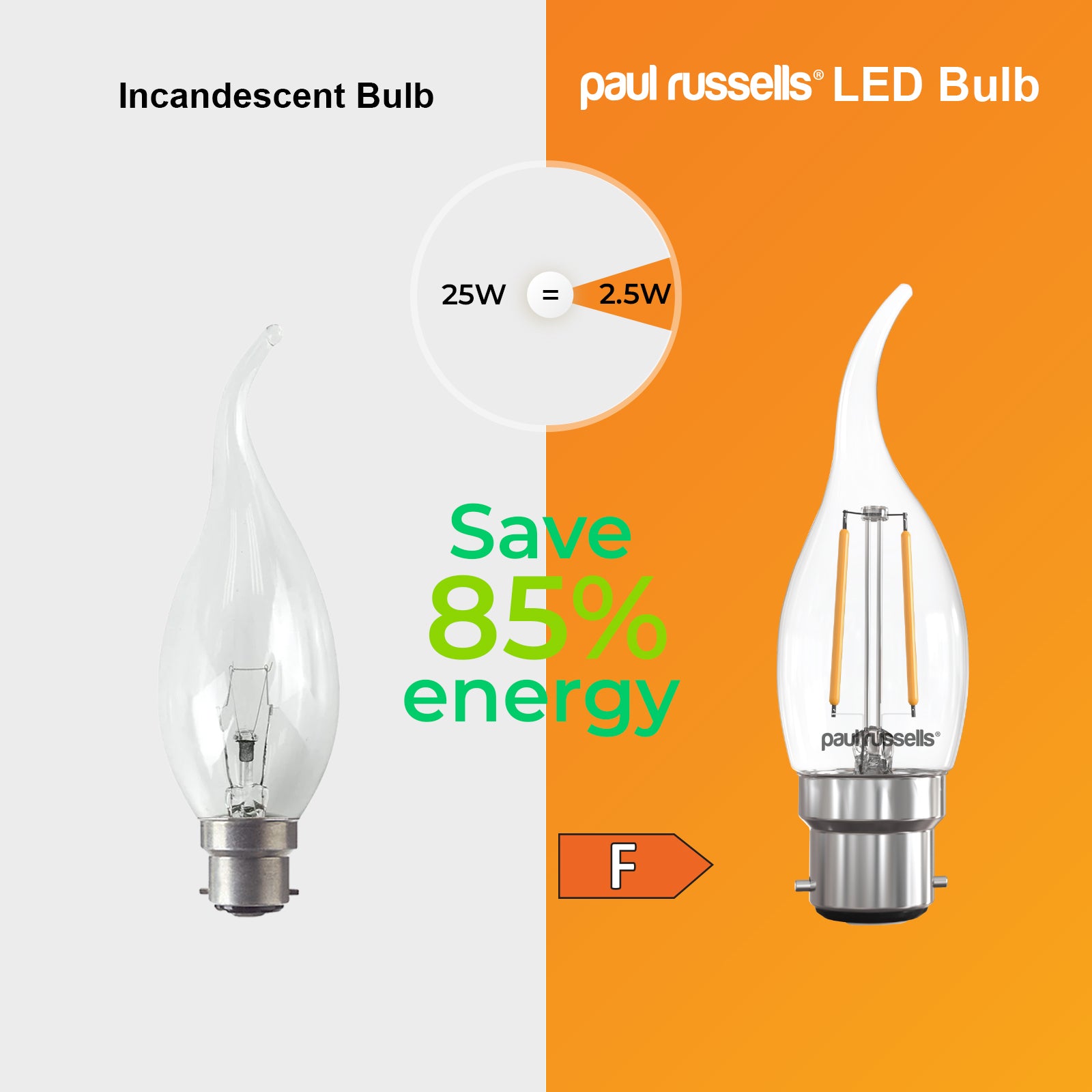 LED Filament Bent Tip Candle 2.5W=25W Warm White 2700K BC B22 Bayonet Cap Bulbs