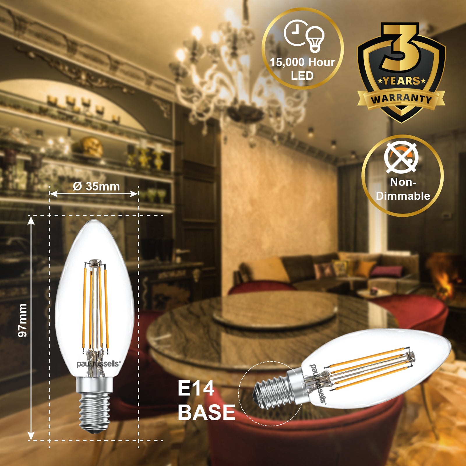 LED Filament Candle 4.5W=40W Warm White 2700K SES E14 Small Edison Screw Cap Bulbs