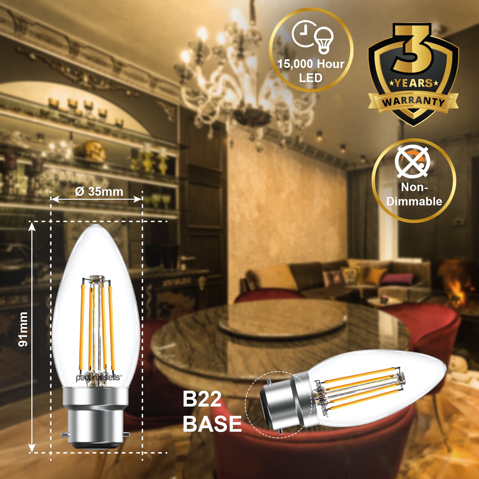 LED Filament Candle 4.5W=40W Warm White 2700K BC B22 Bayonet Cap Bulbs