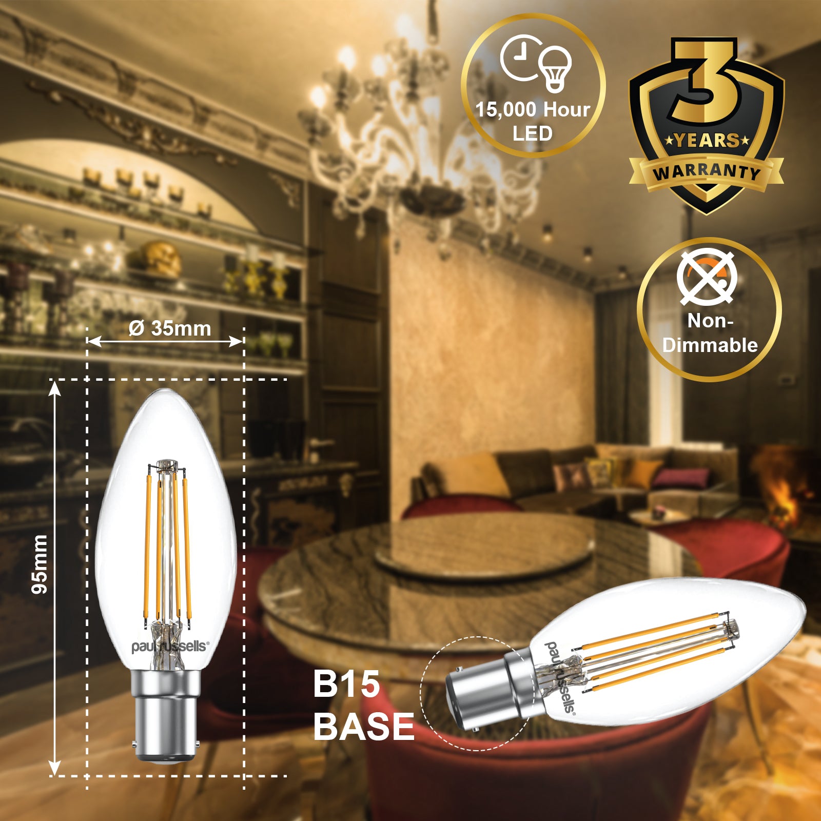 LED Filament Candle 4.5W=40W Warm White 2700K SBC B15 Small Bayonet Cap Bulb