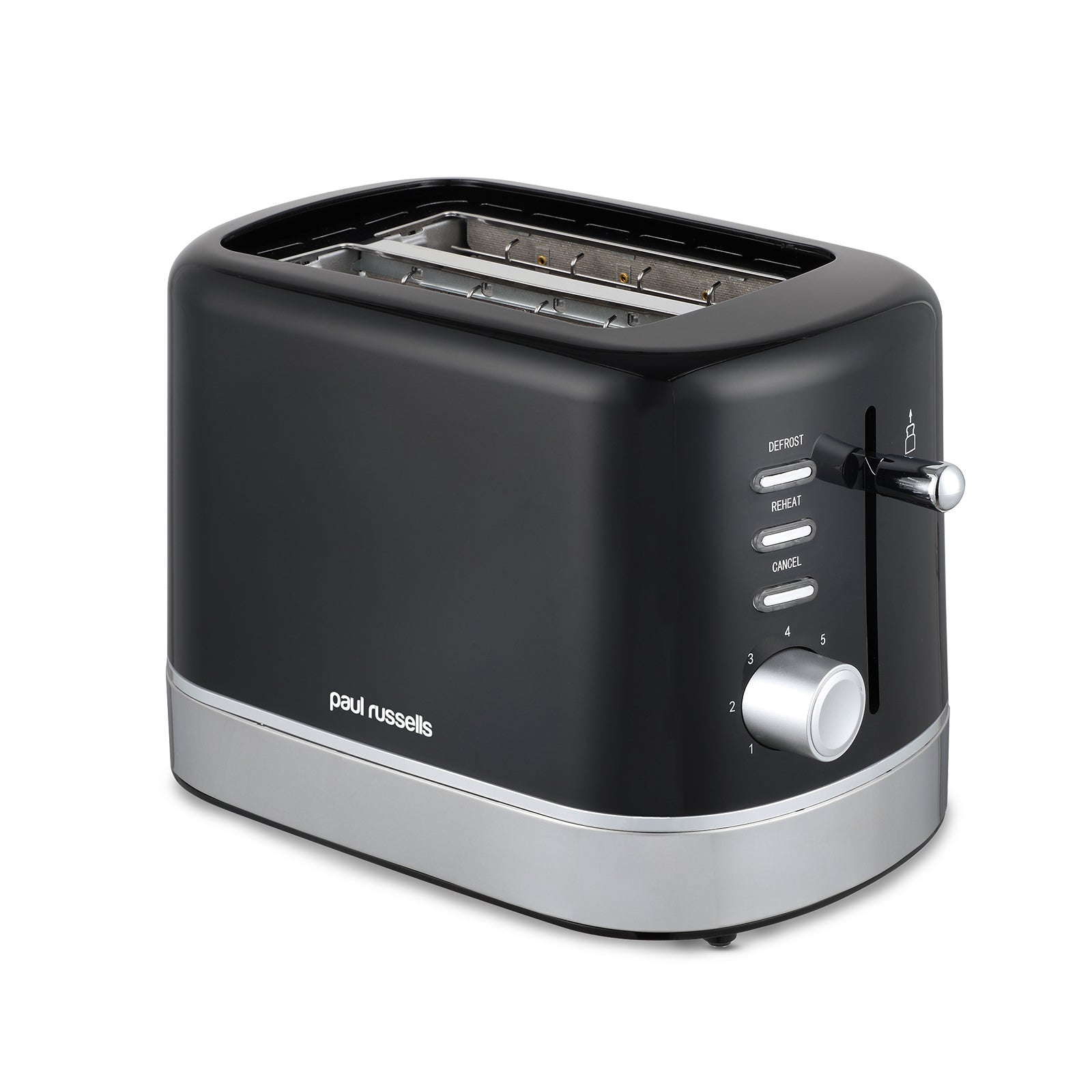 Paul Russells 850W Black with Chrome accent 2-Slice Kitchen Toaster – 7 step Browning Controls, Defrost, Reheat, Cancel Functions, LED Indicator, Cord Storage, Removable Crumb Tray – Fast Toasting