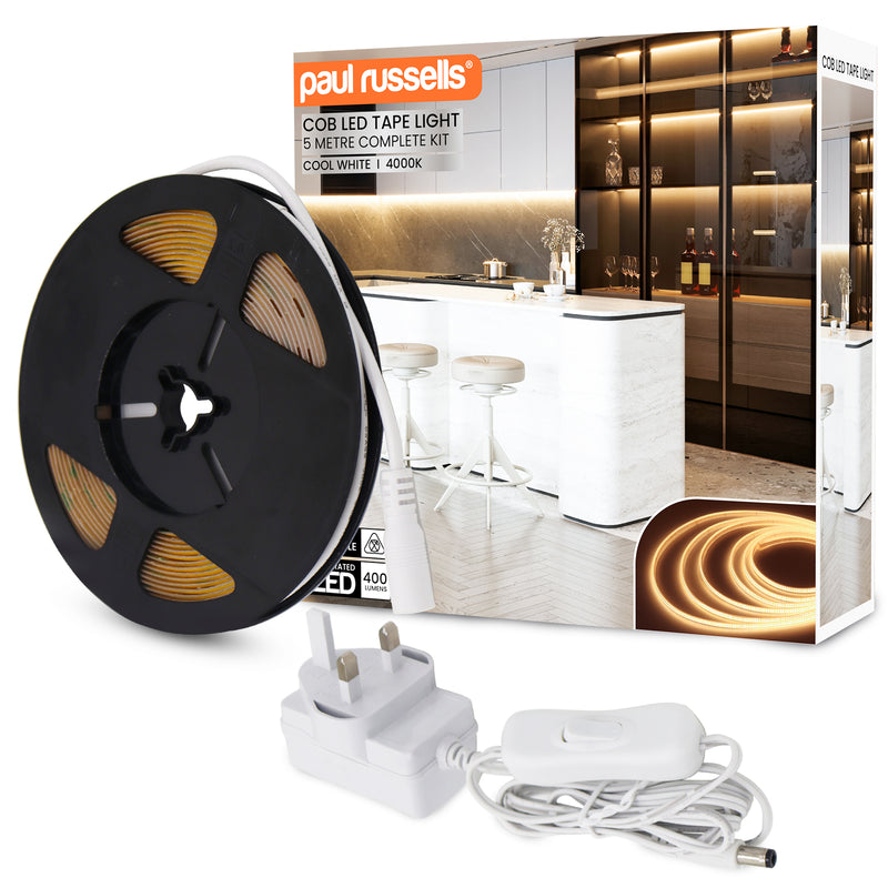 COB LED Strip Light 24V, 5W/M, 320 LEDs/M, 4000K Cool White, 400 Lumens, 5M Flexible Tape, IP20