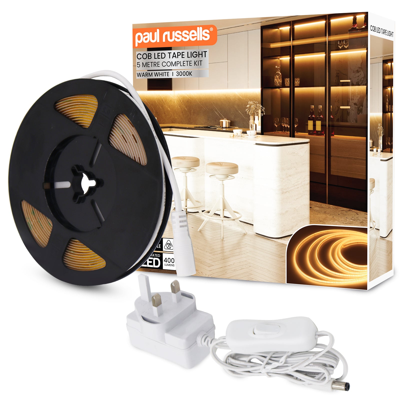 COB LED Strip Light 24V, 5W/M, 320 LEDs/M, 3000K Warm White, 2300 Lumens, 5M Flexible Tape, IP20