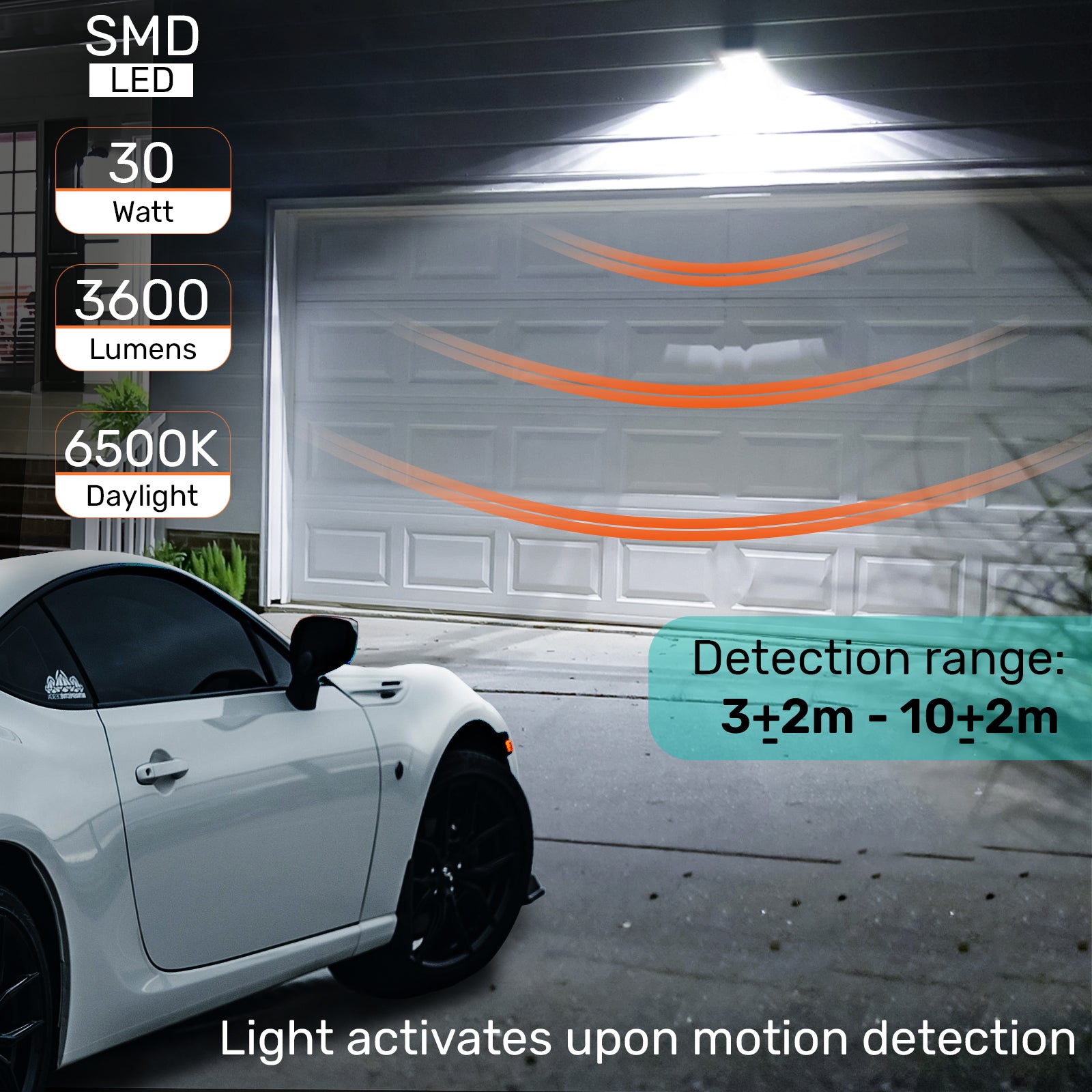 30W, LED Floodlights, 3600 Lumens, PIR Motion Sensor, IP65, 6500K Day Light, Non-Dimmable Spotlights