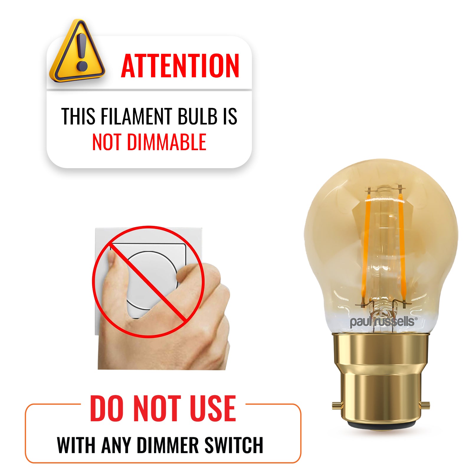 LED Filament Golf Ball 2.5W=20W Extra Warm White Amber 2200K BC B22 Bayonet Cap Bulbs