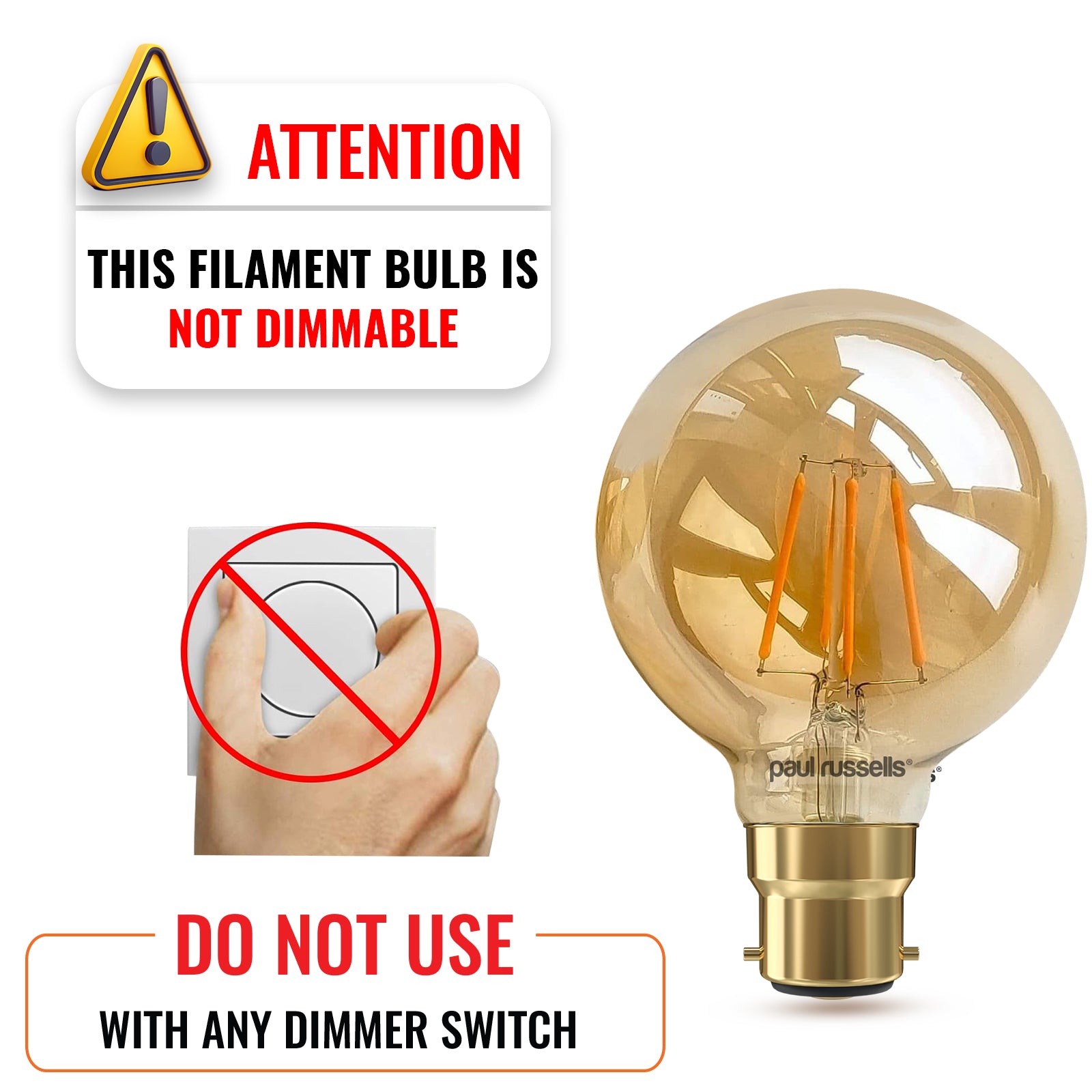 LED Filament G80 4.5W=35W Extra Warm White Amber 2200K BC B22 Bayonet Cap Bulbs