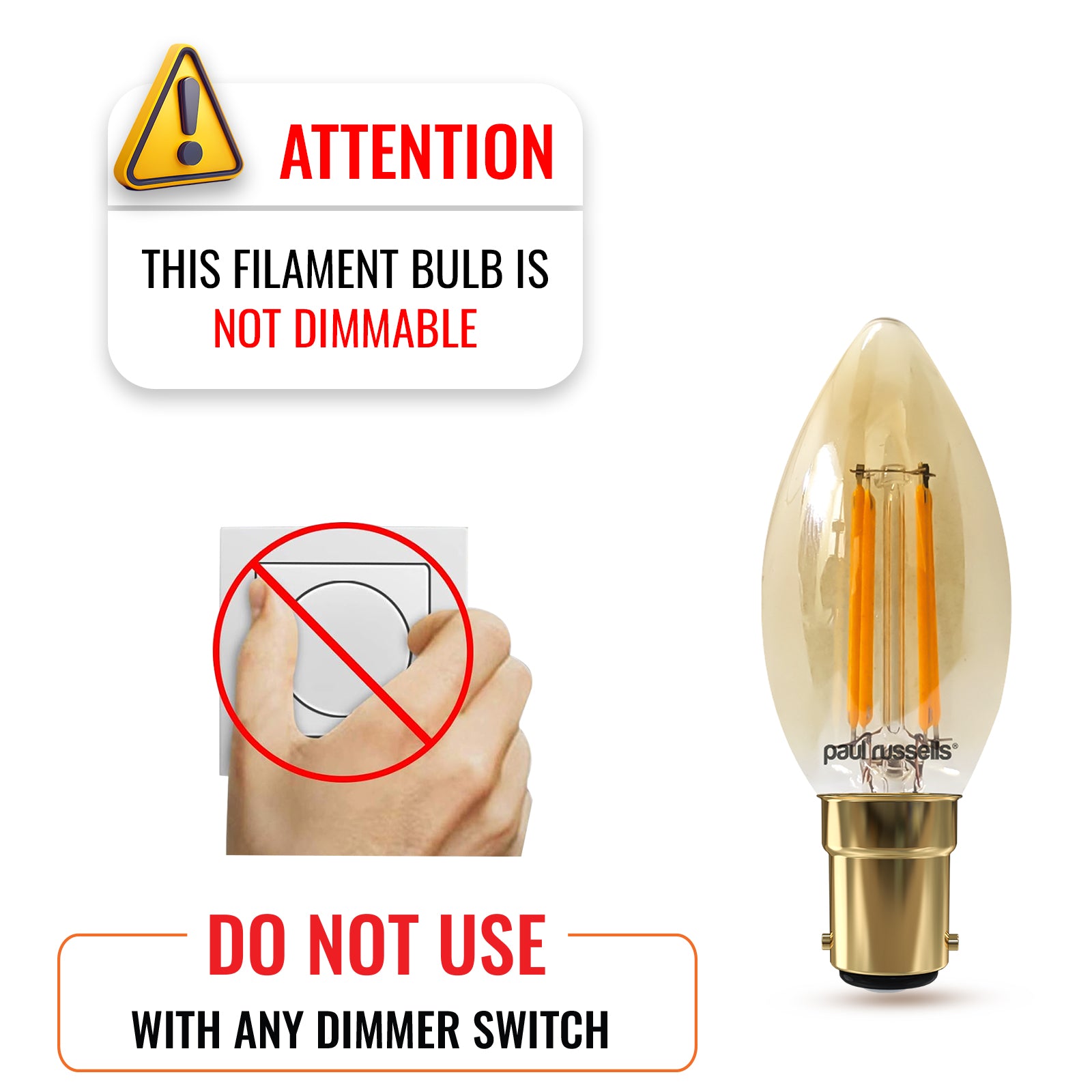 LED Filament Candle 4.5W=35W Extra warm White Amber 2200K SBC B15 Small Bayonet Cap Bulbs