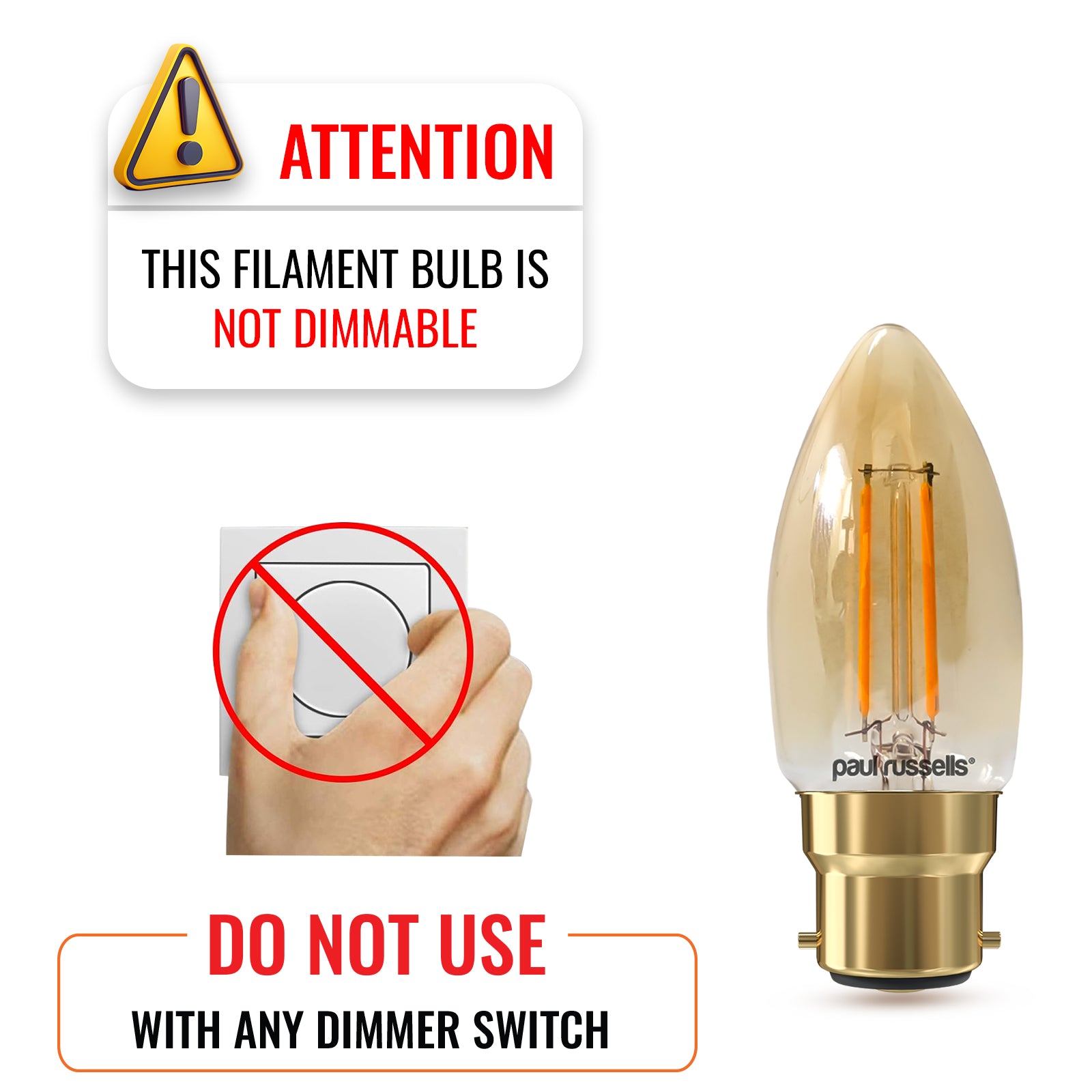 LED Filament Candle 2.5W=20W Extra Warm White Amber 2200K BC B22 Bayonet Cap Bulbs