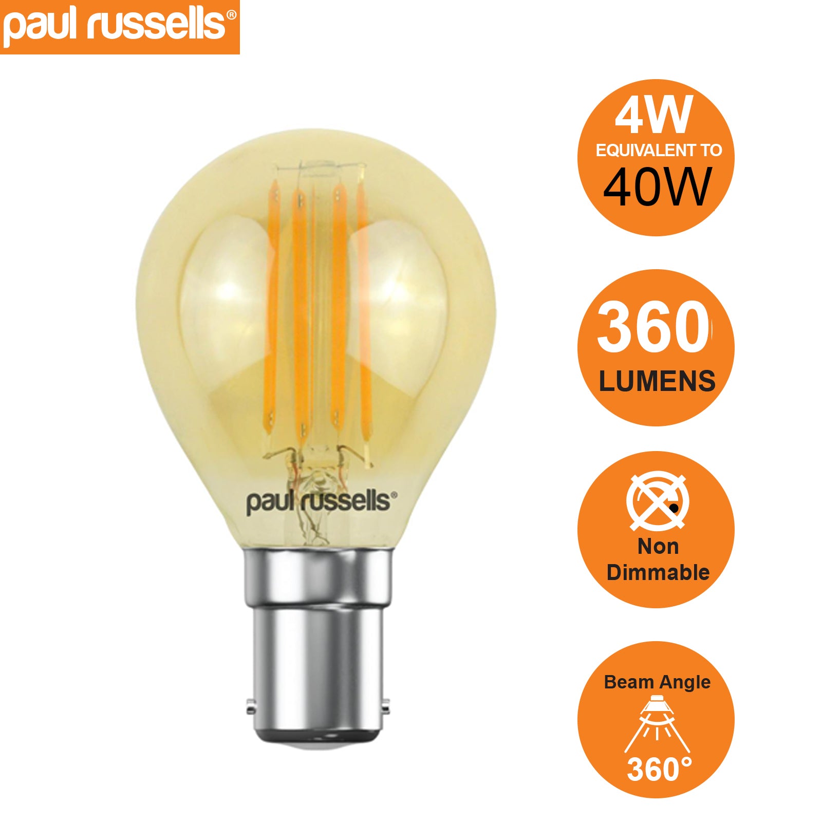 LED Filament Golf Ball 4W=40W Extra Warm White Amber 2200K SBC B15 Small Bayonet Cap Bulbs