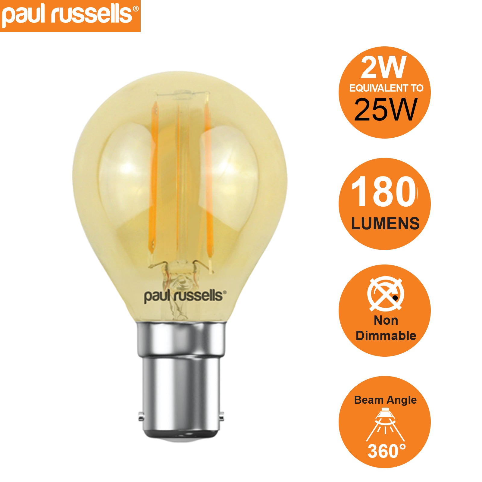 LED Filament Golf Ball 2W=25W Extra Warm White Amber 2200K SBC B15 Small Bayonet Cap [10 Bulbs]