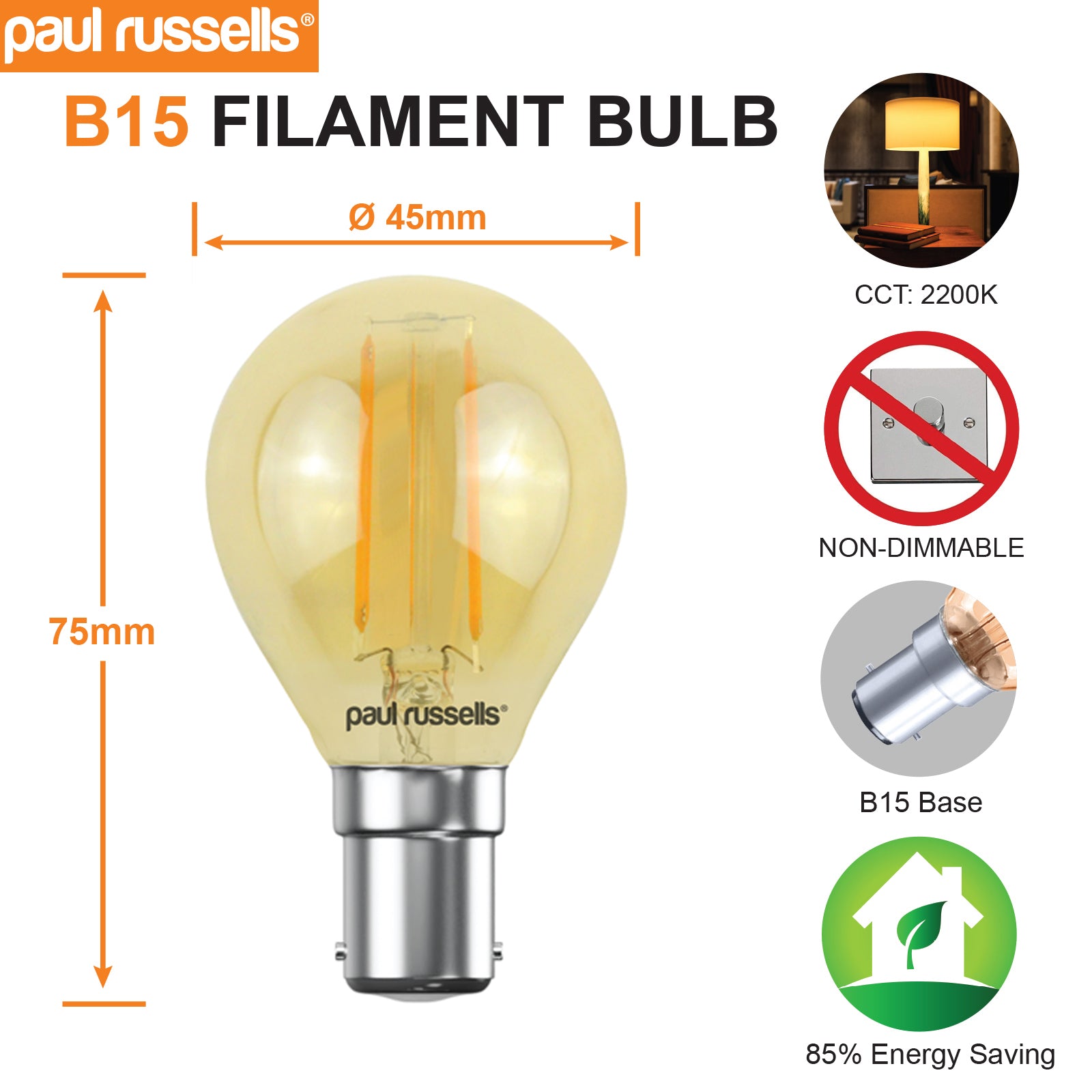 LED Filament Golf Ball 2W=25W Extra Warm White Amber 2200K SBC B15 Small Bayonet Cap [10 Bulbs]