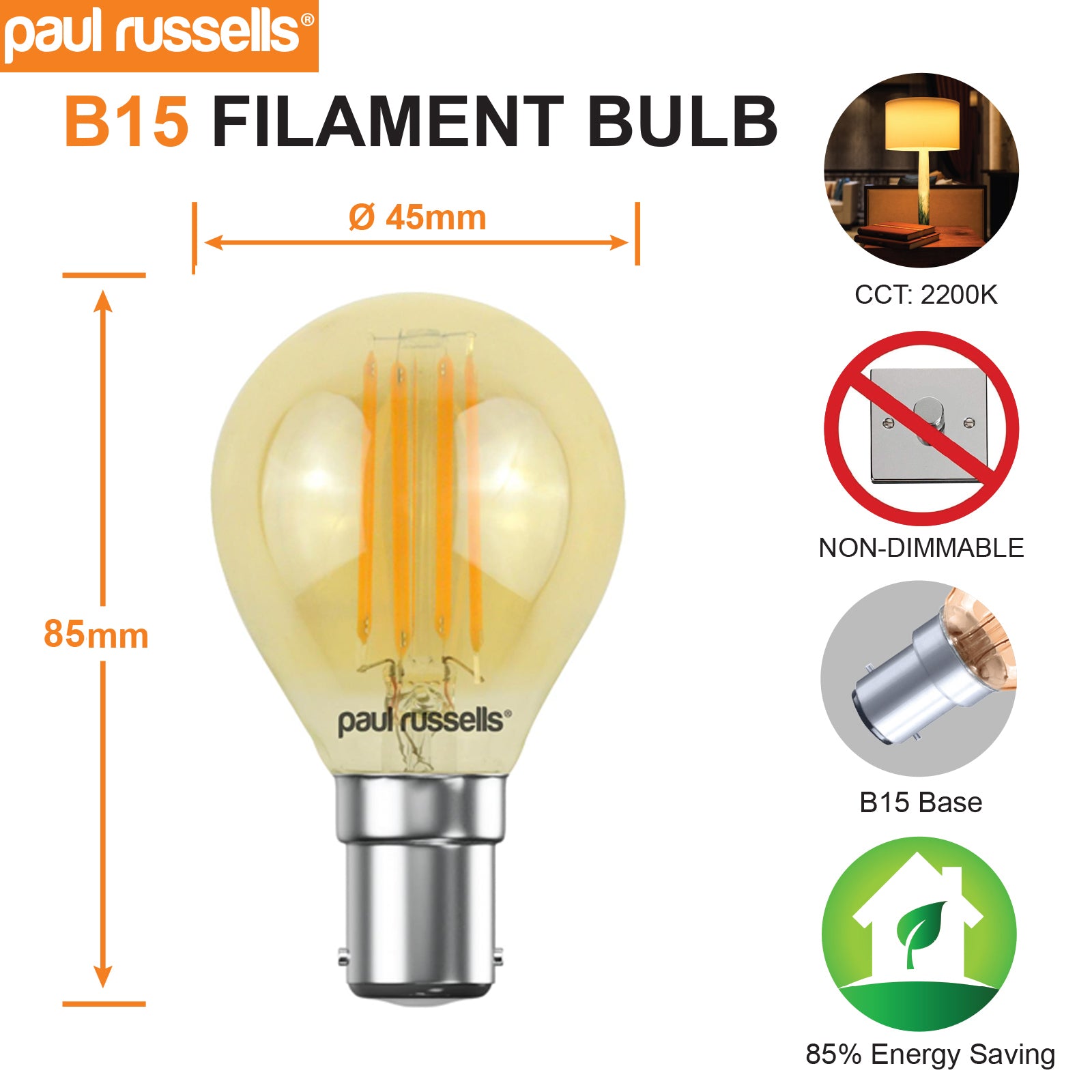 LED Filament Golf Ball 4W=40W Extra Warm White Amber 2200K SBC B15 Small Bayonet Cap Bulbs