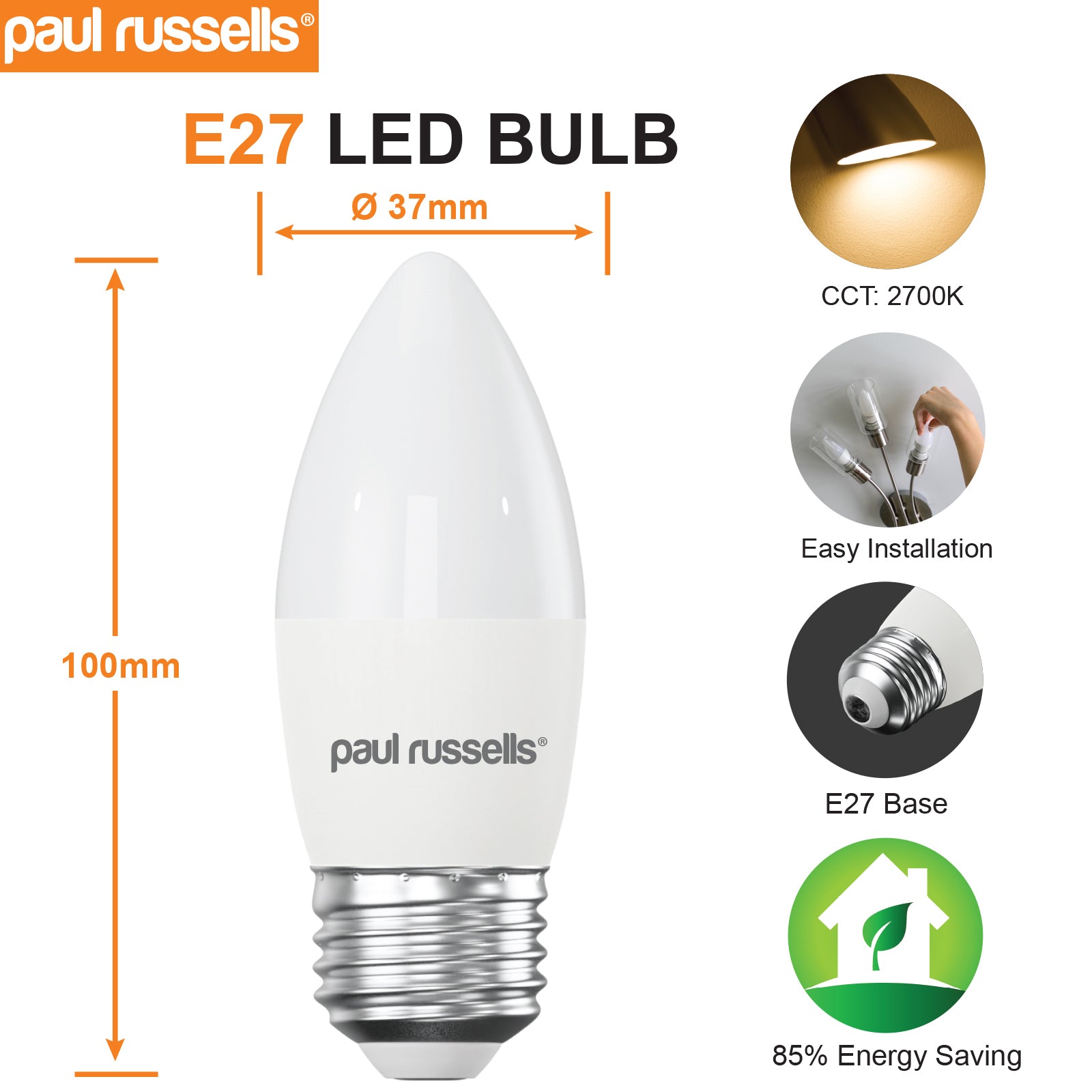 LED Frosted Candle 5W=40W Warm White 2700K ES E27 Edison Screw [10 Bulbs]