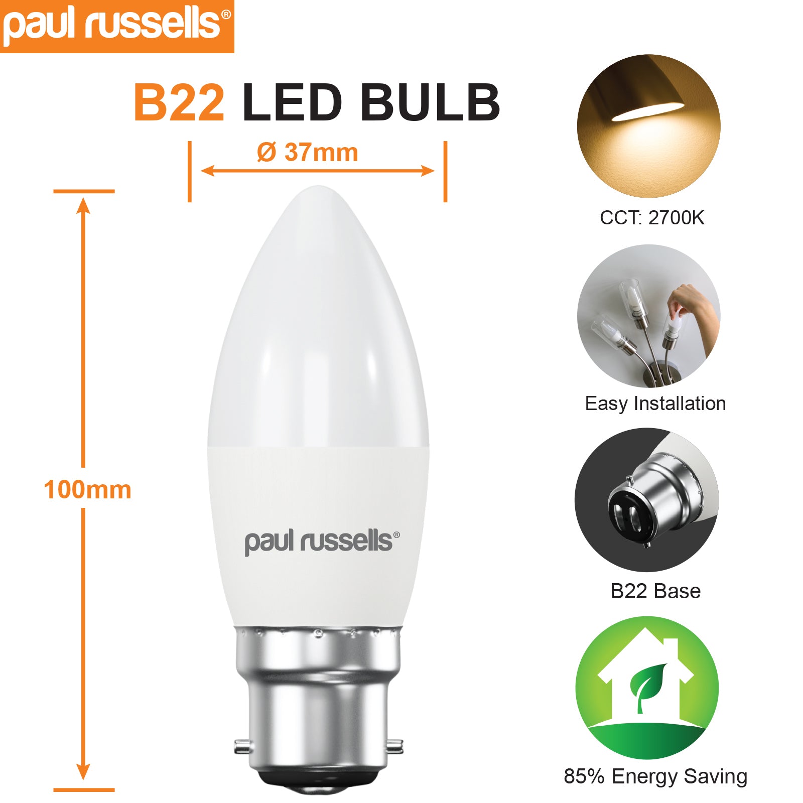 LED Frosted Candle 5W=40W Warm White 2700K BC B22 Bayonet Cap Bulbs