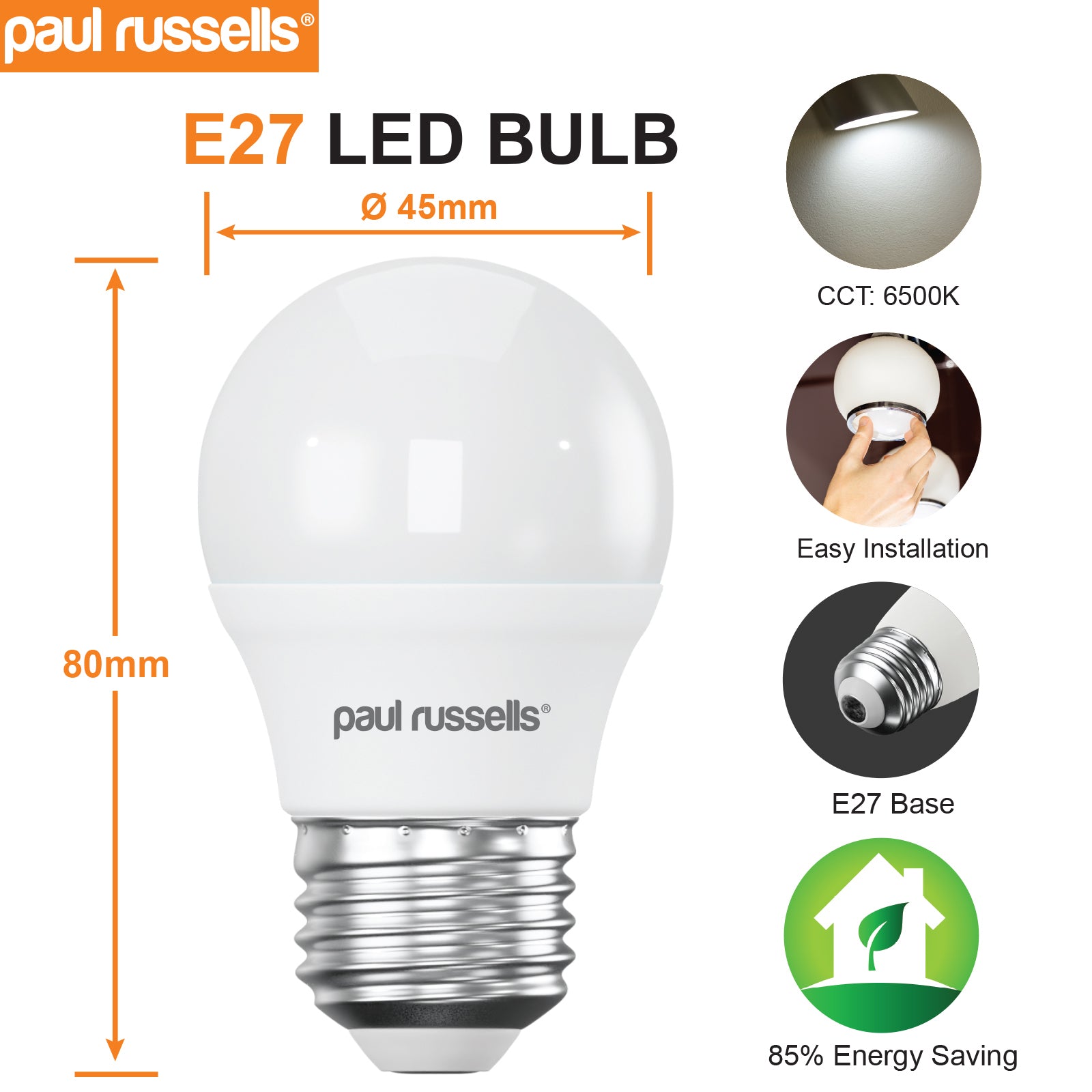 LED Frosted Golf Ball 5W=40W Day Light 6500K ES E27 Edison Screw [4 Bulbs]