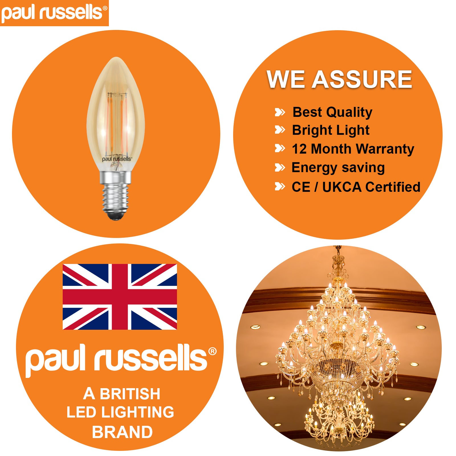 LED Filament Candle 4W=35W Extra Warm White Amber 2200K SES E14 Small Edison Screw Bulbs