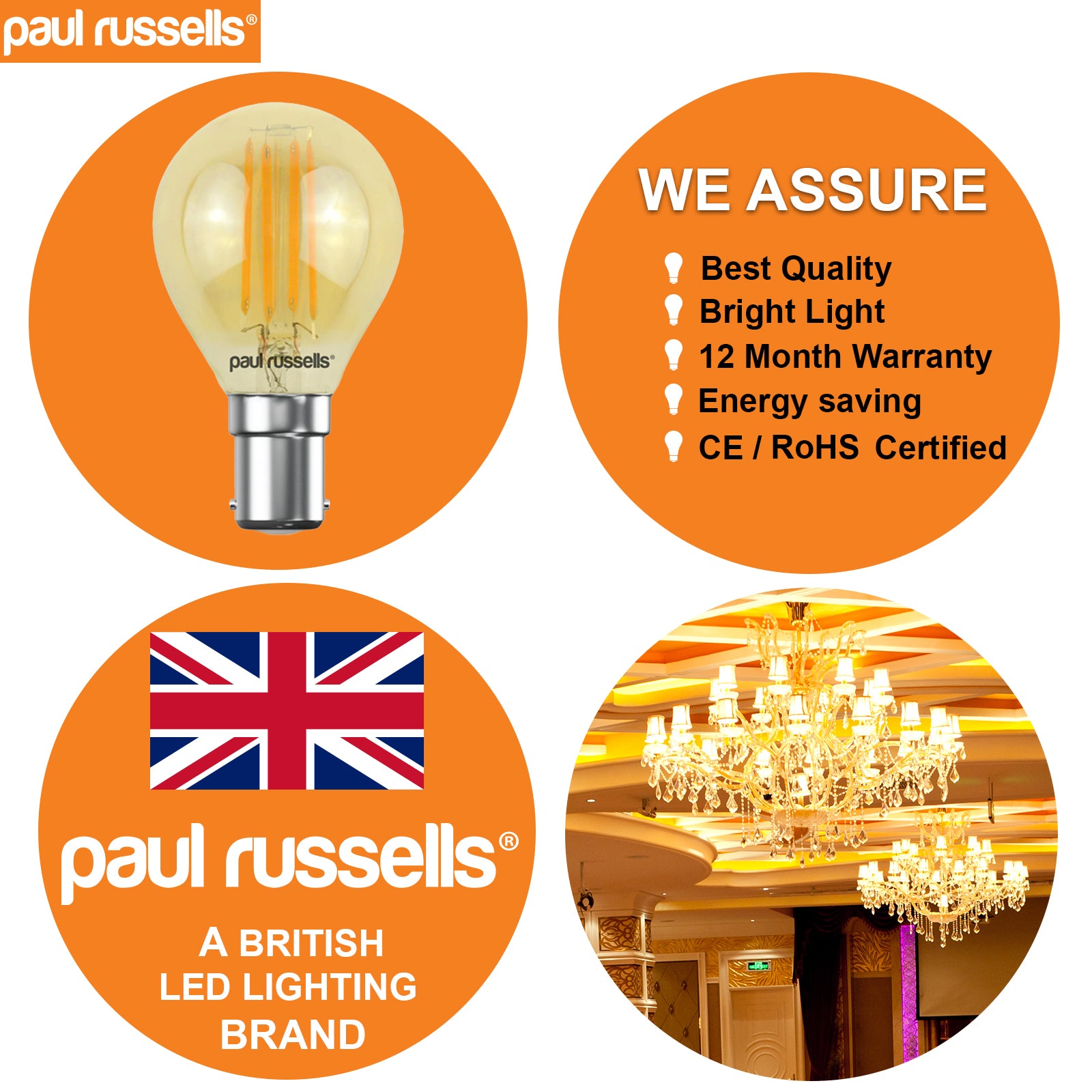 LED Filament Golf Ball 4W=40W Extra Warm White Amber 2200K SBC B15 Small Bayonet Cap Bulbs