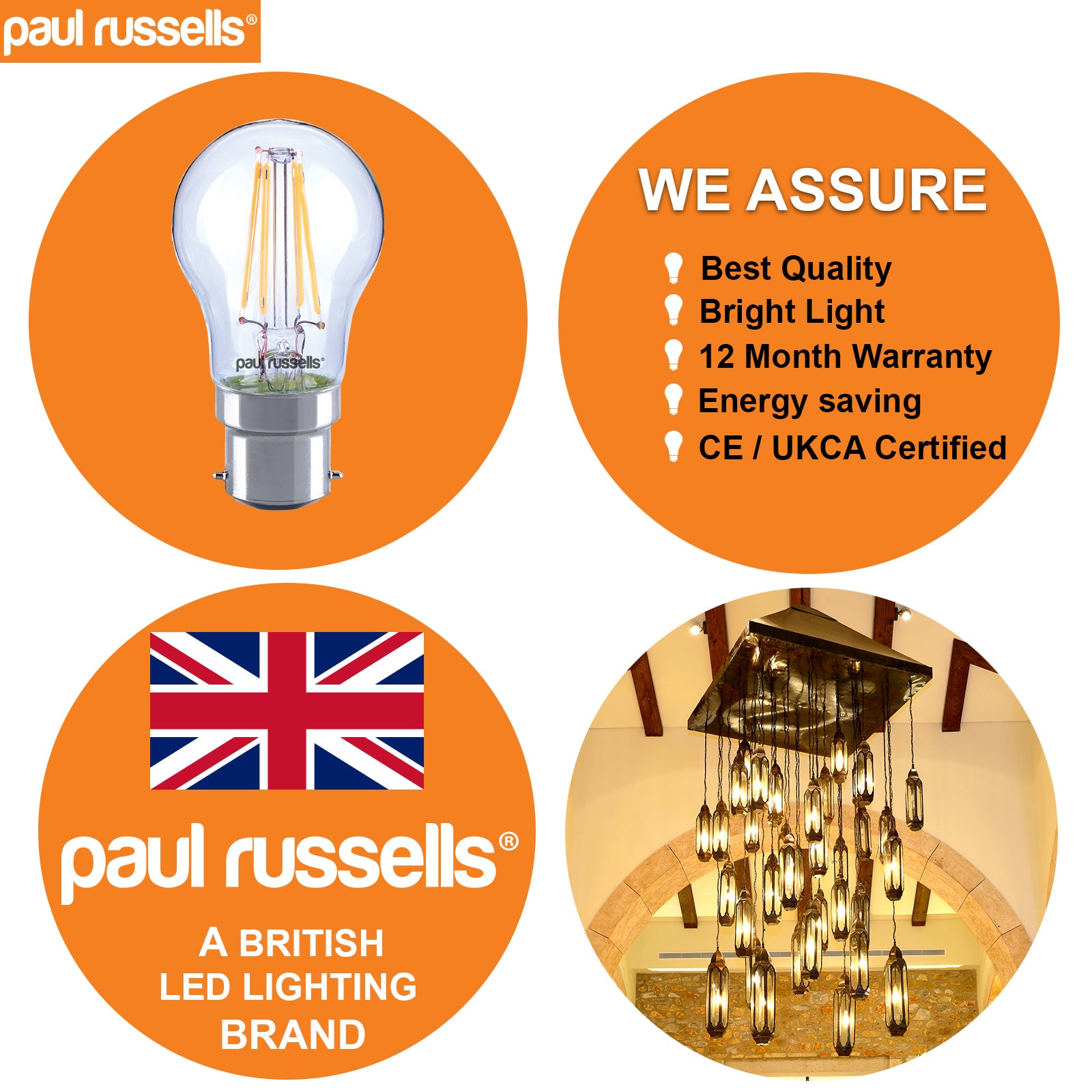 LED Filament Golf Ball 4W=40W Warm White 2700K BC B22 Bayonet Cap Bulbs