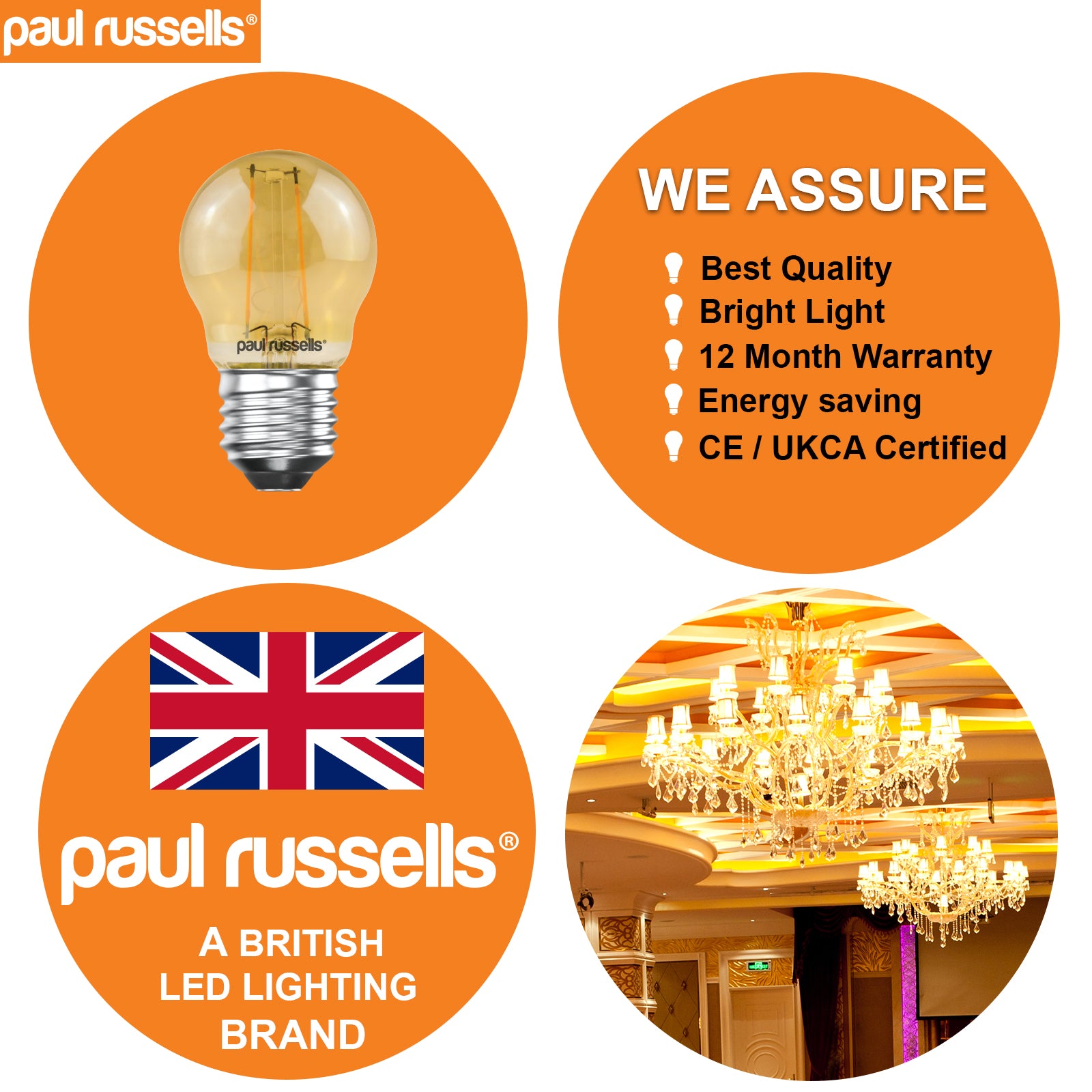 LED Filament Golf Ball 2.5W=20W Extra Warm White Amber 2200K ES E27 Edison Screw Bulbs