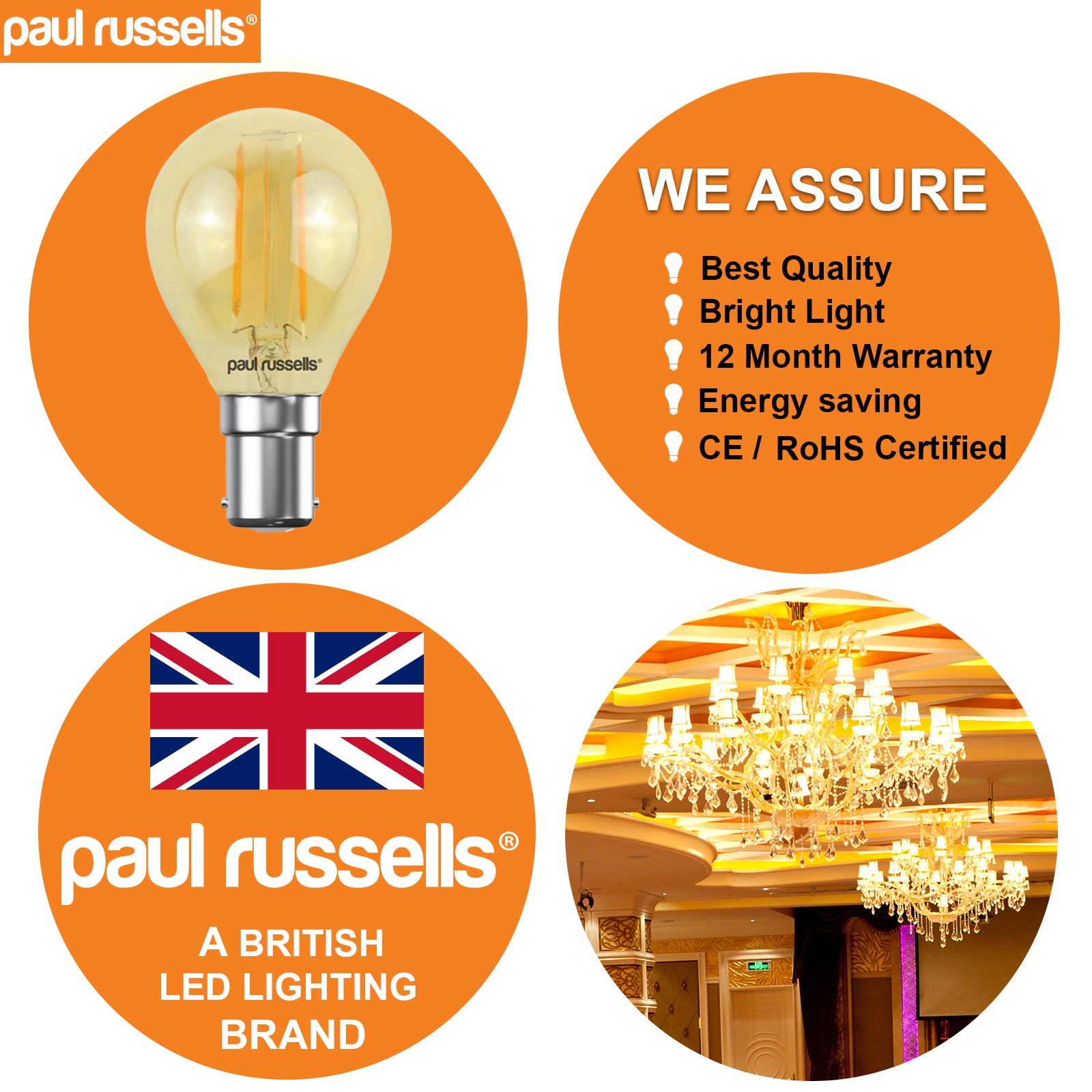 LED Filament Golf Ball 2W=25W Extra Warm White Amber 2200K SBC B15 Small Bayonet Cap [10 Bulbs]