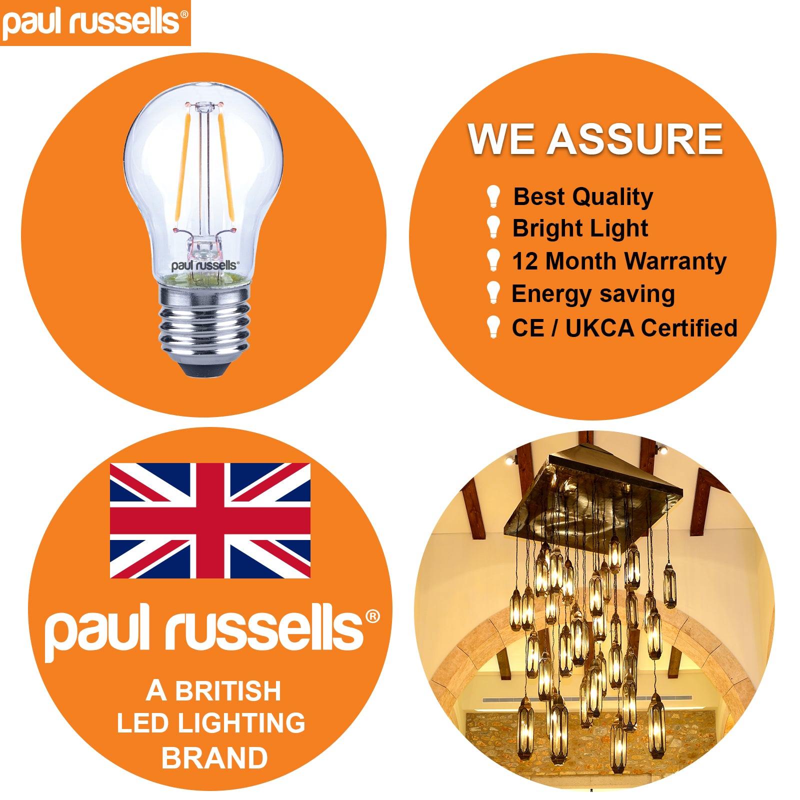 LED Filament Golf Ball 2.5W=25W Warm White 2700K ES E27 Edison Screw Bulbs