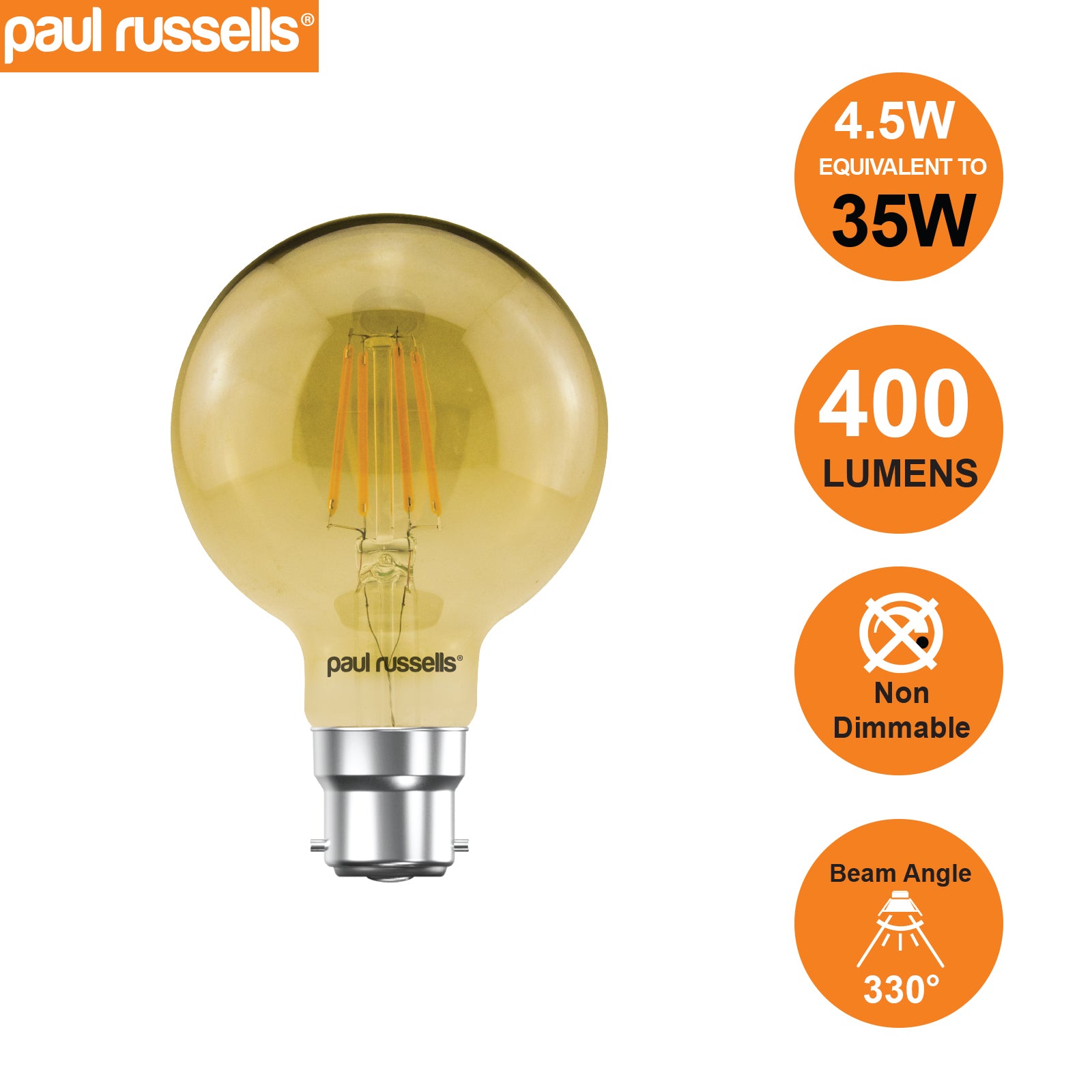 LED Filament G80 4.5W=35W Extra Warm White Amber 2200K BC B22 Bayonet Cap Bulbs