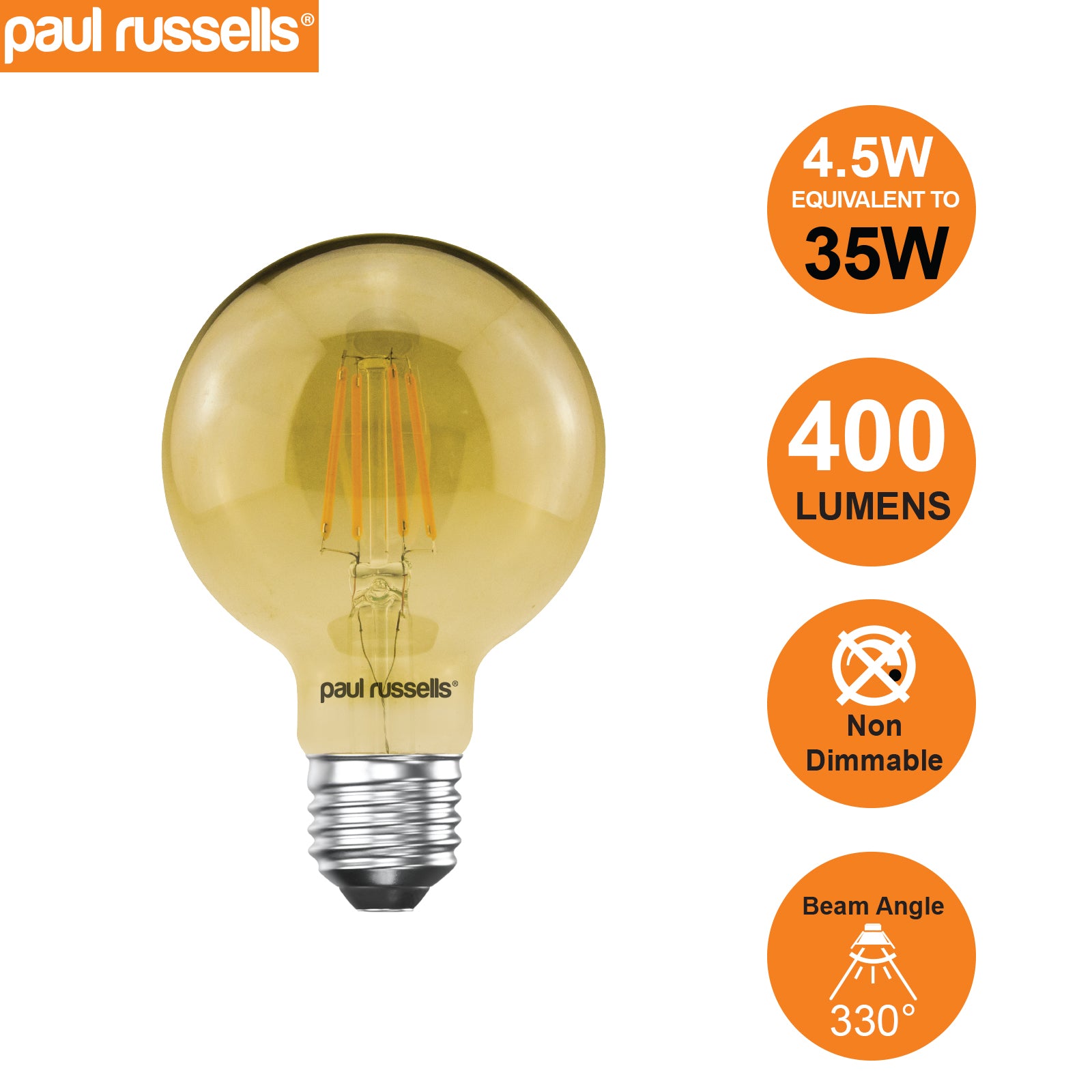 LED Filament G80 4.5W=35W Extra warm White Amber 2200K ES E27 Edison Screw Cap Bulbs