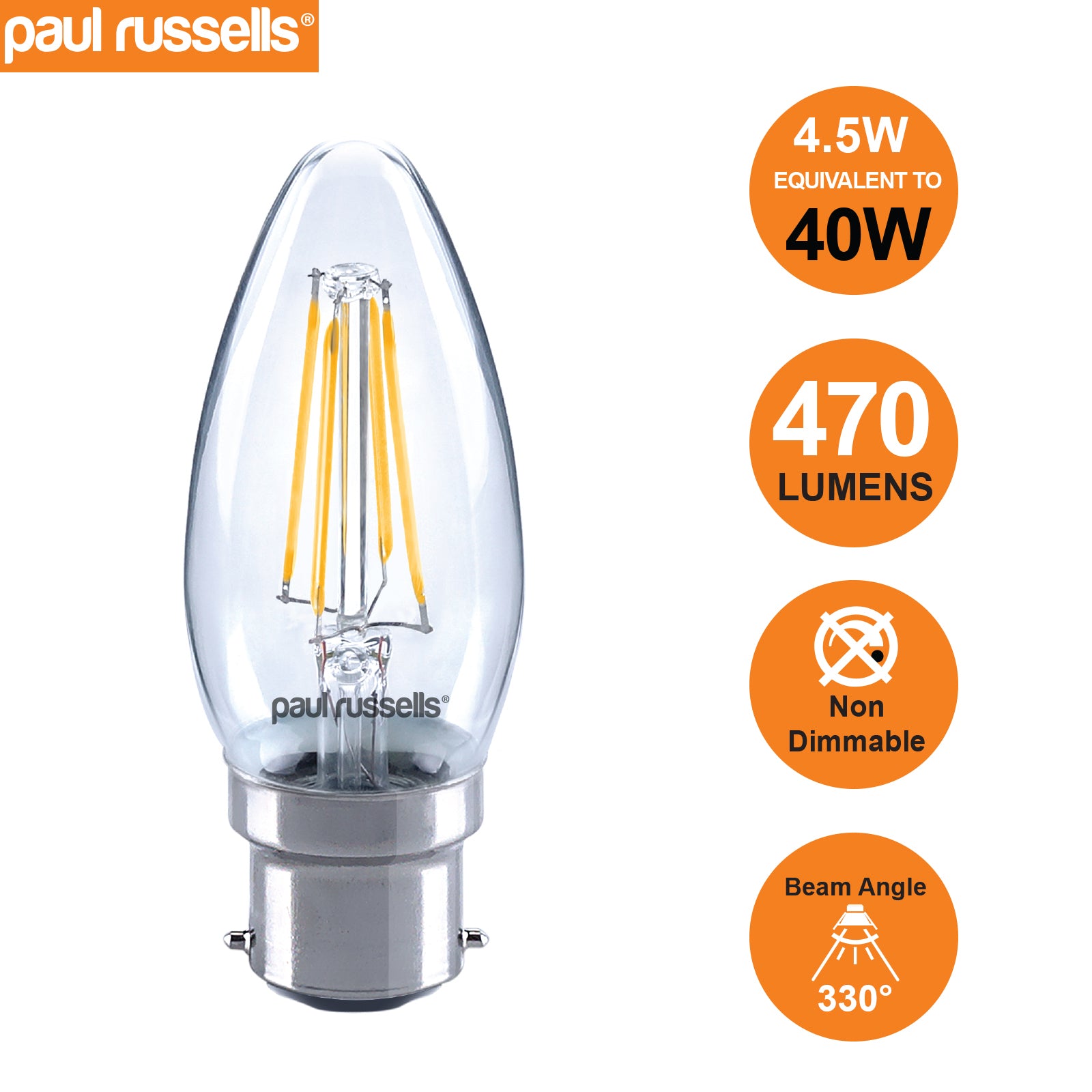 LED Filament Candle 4.5W=40W Warm White 2700K BC B22 Bayonet Cap Bulbs