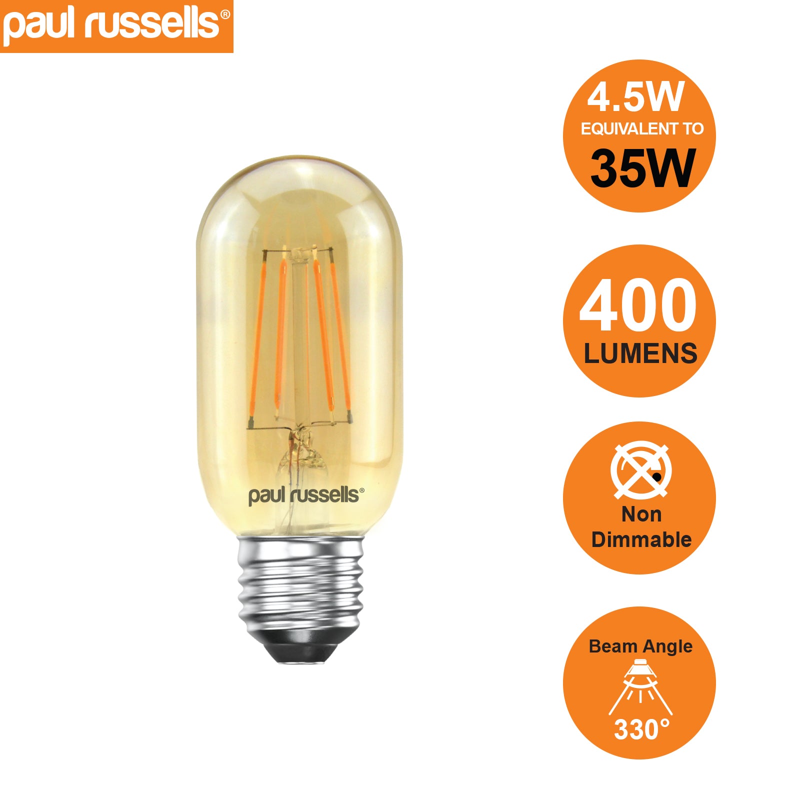 LED Filament T45 4.5W=35W Amber ES E27 Edison Screw Cap Bulb