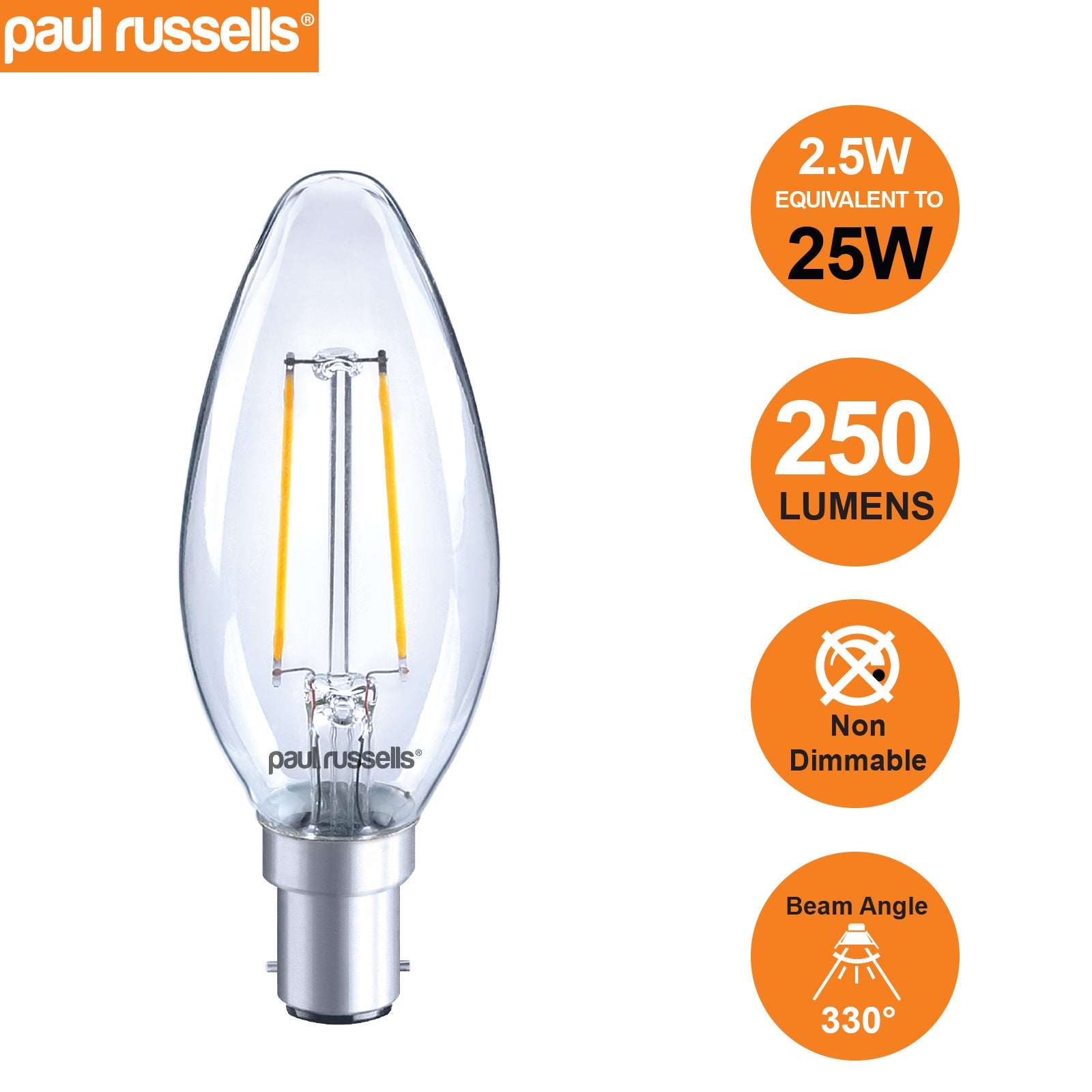 LED Filament Candle 2.5W=25W Warm White 2700K SBC B15 Small Bayonet Cap Bulbs