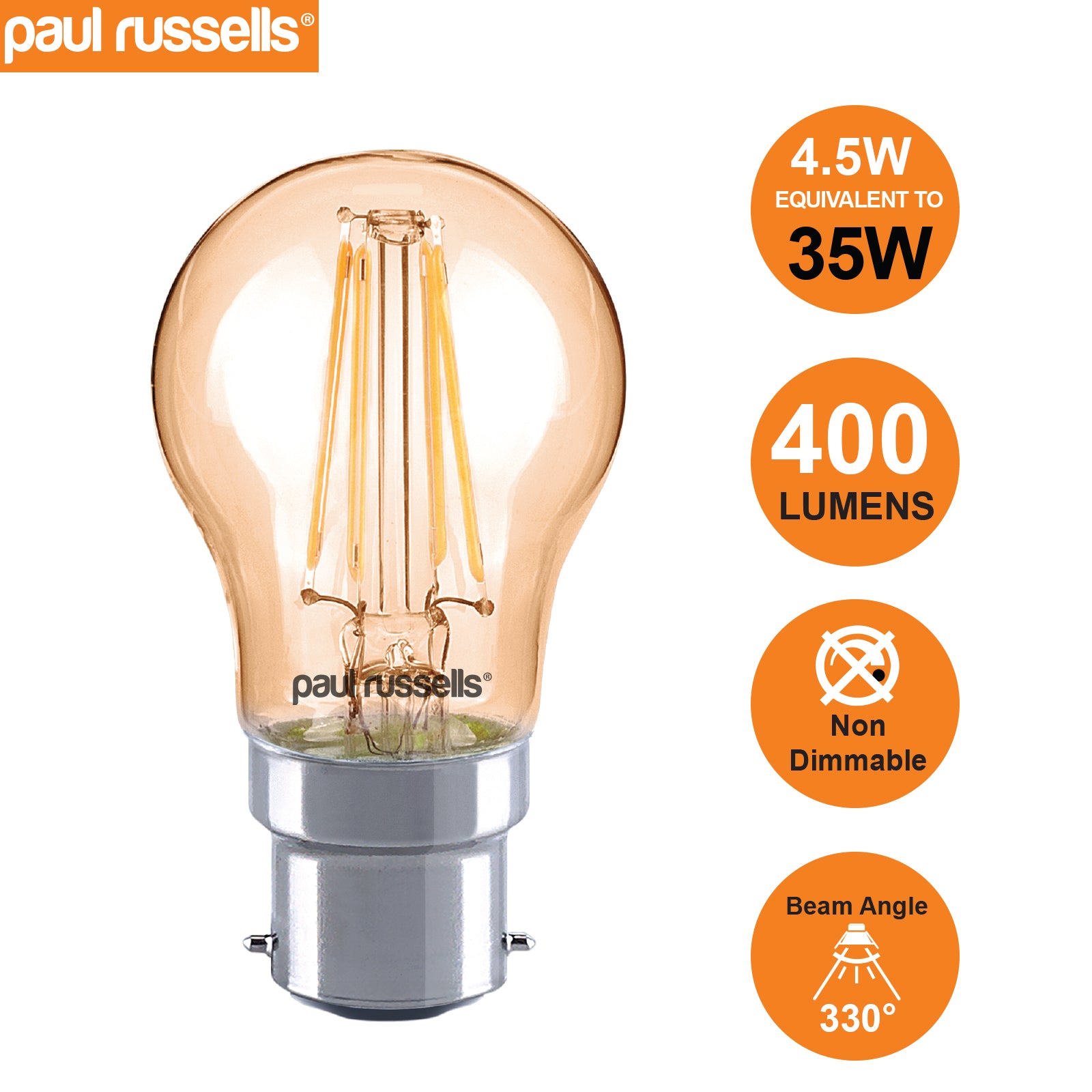 LED Filament Golf Ball 4.5W=35W Extra Warm White Amber 2200K BC B22 Bayonet Cap Bulbs