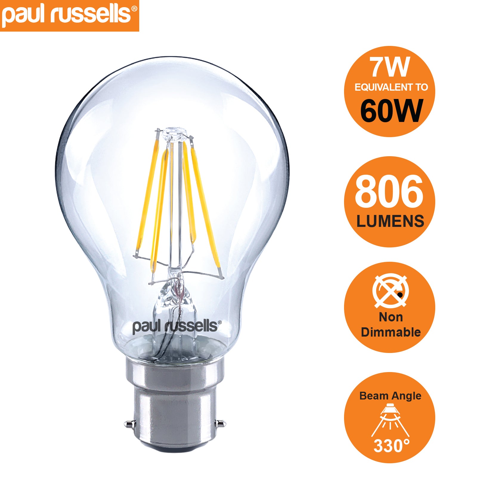 LED Filament GLS 7W=60W Warm White BC B22 Bayonet Cap Bulbs