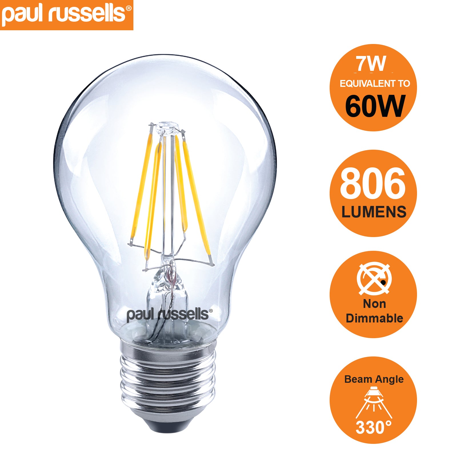 LED Filament GLS 7W=60W Warm White 2700K ES E27 Edison Screw Cap Bulbs