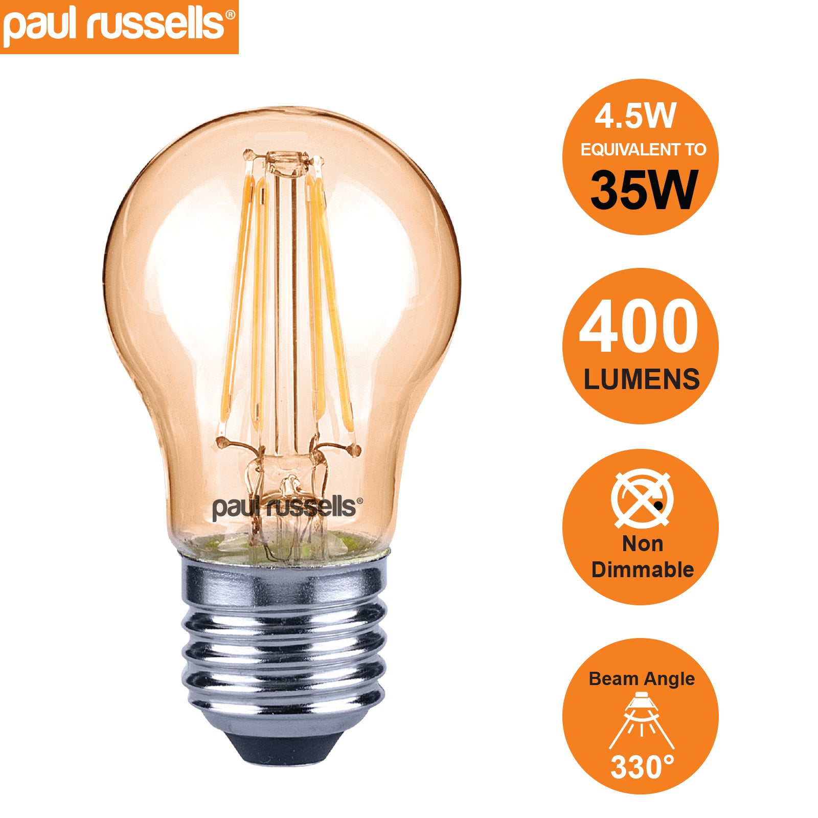 LED Filament Golf Ball 4.5W=35W Extra Warm White Amber 2200K ES E27 Edison Screw Cap Bulbs