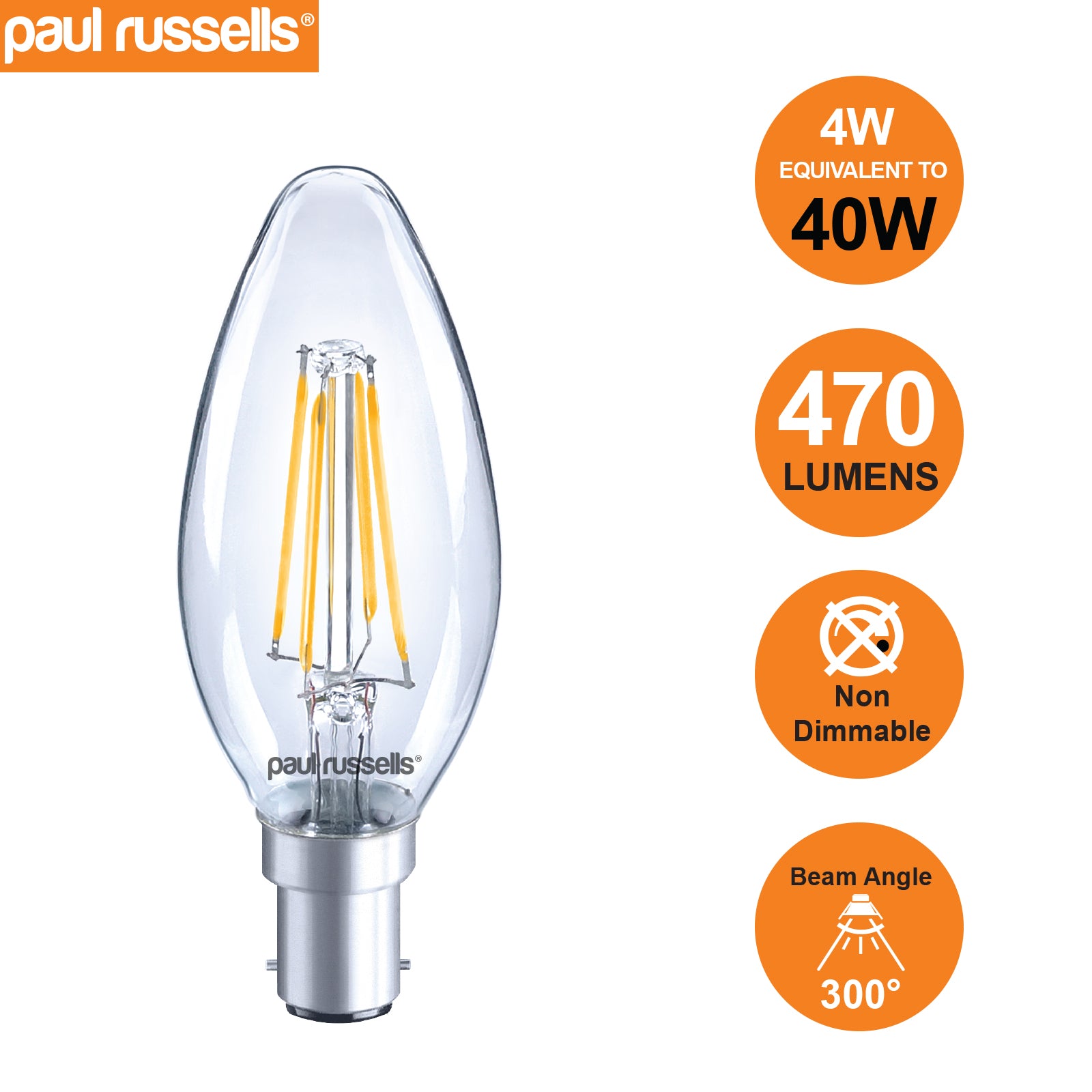 LED Filament Candle 4W=40W Warm White 2200K SBC B15 Small Bayonet Cap Bulbs